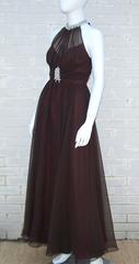 Glamorous C.1970 Mike Benet Brown Chiffon Pearl Beaded Goddess Dress