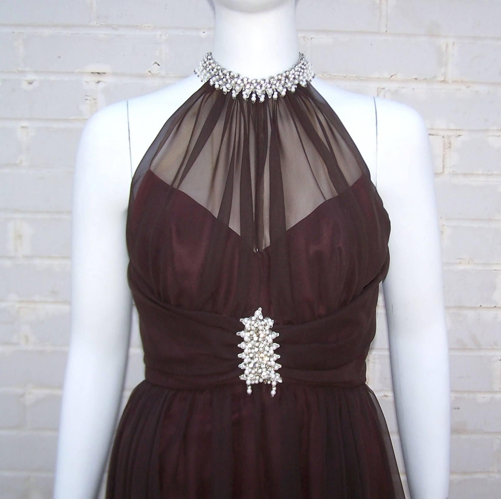 Glamorous C.1970 Mike Benet Brown Chiffon Pearl Beaded Goddess Dress In Excellent Condition In Atlanta, GA