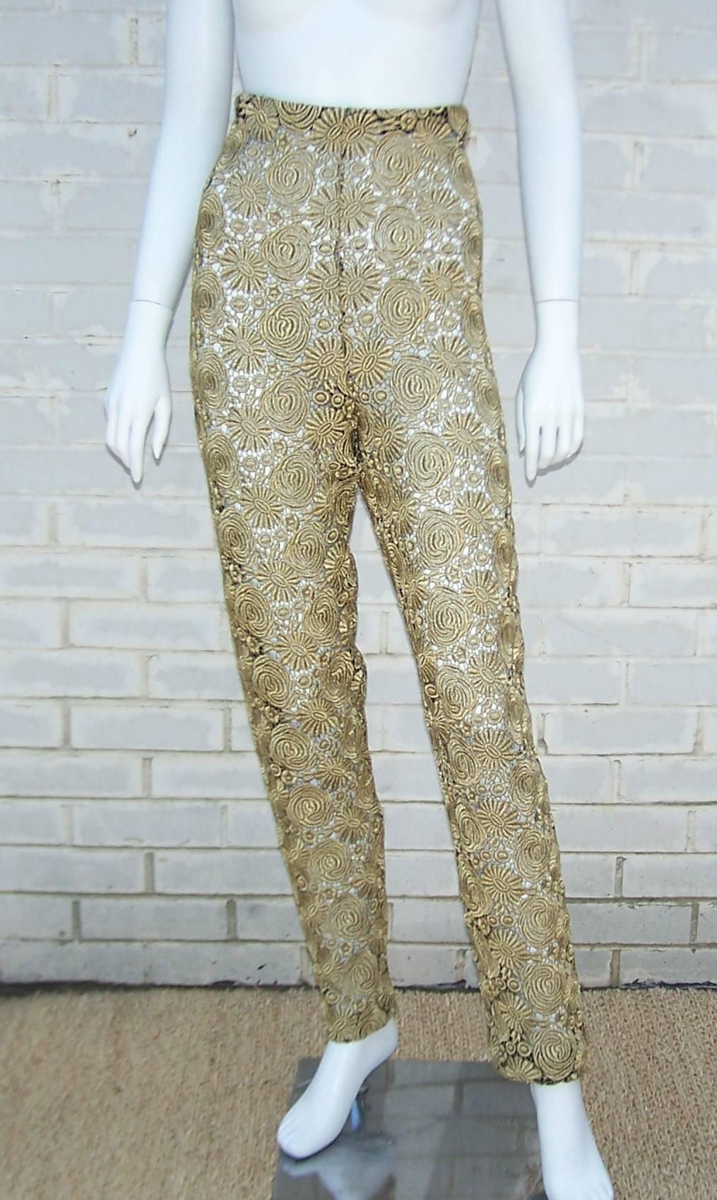 Brown 1980's Victorio & Lucchino High Waist Gold Lace Cigarette Pants