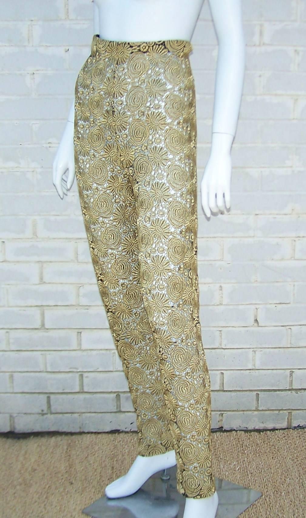 1980's Victorio & Lucchino High Waist Gold Lace Cigarette Pants In Excellent Condition In Atlanta, GA
