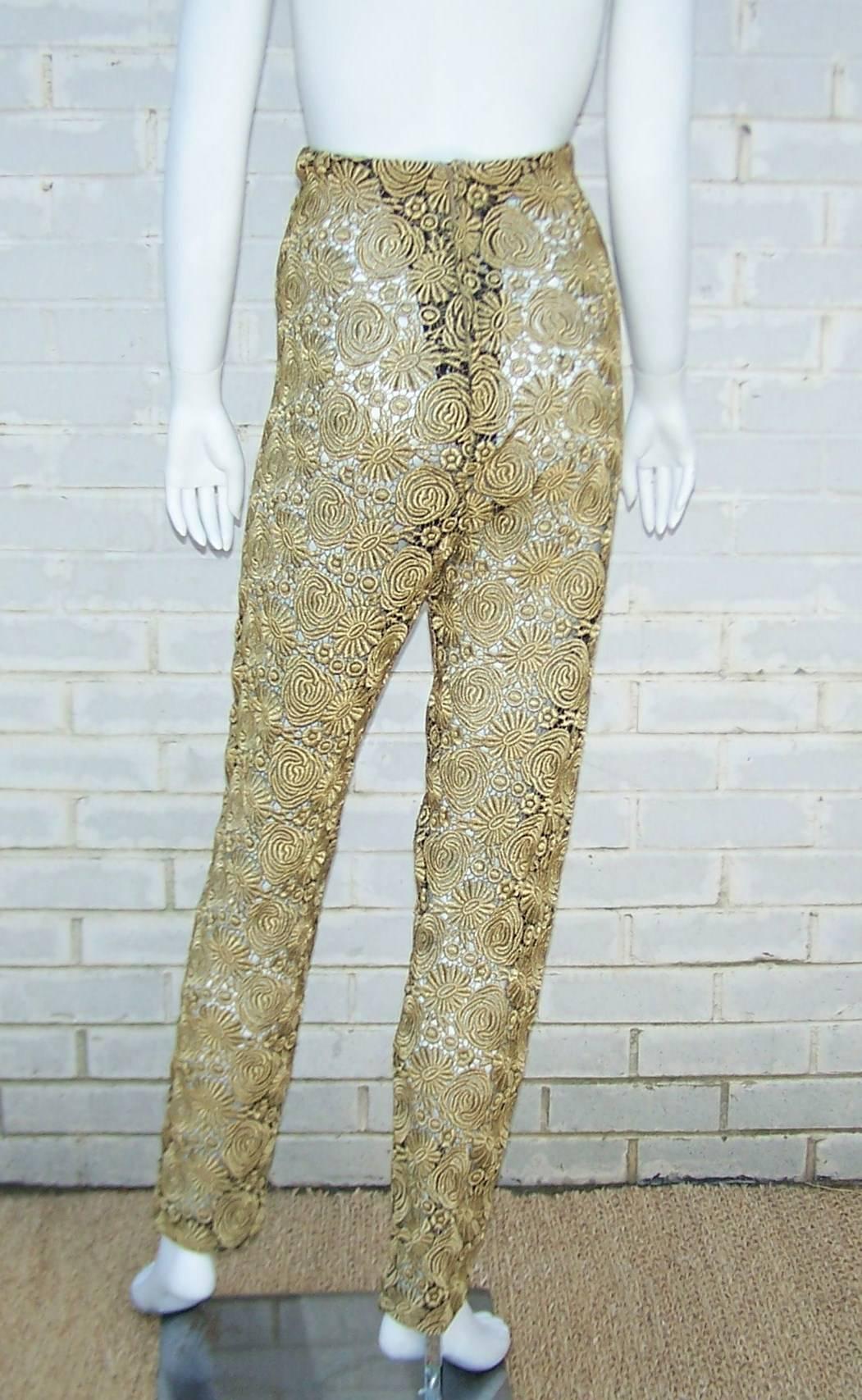 Women's 1980's Victorio & Lucchino High Waist Gold Lace Cigarette Pants