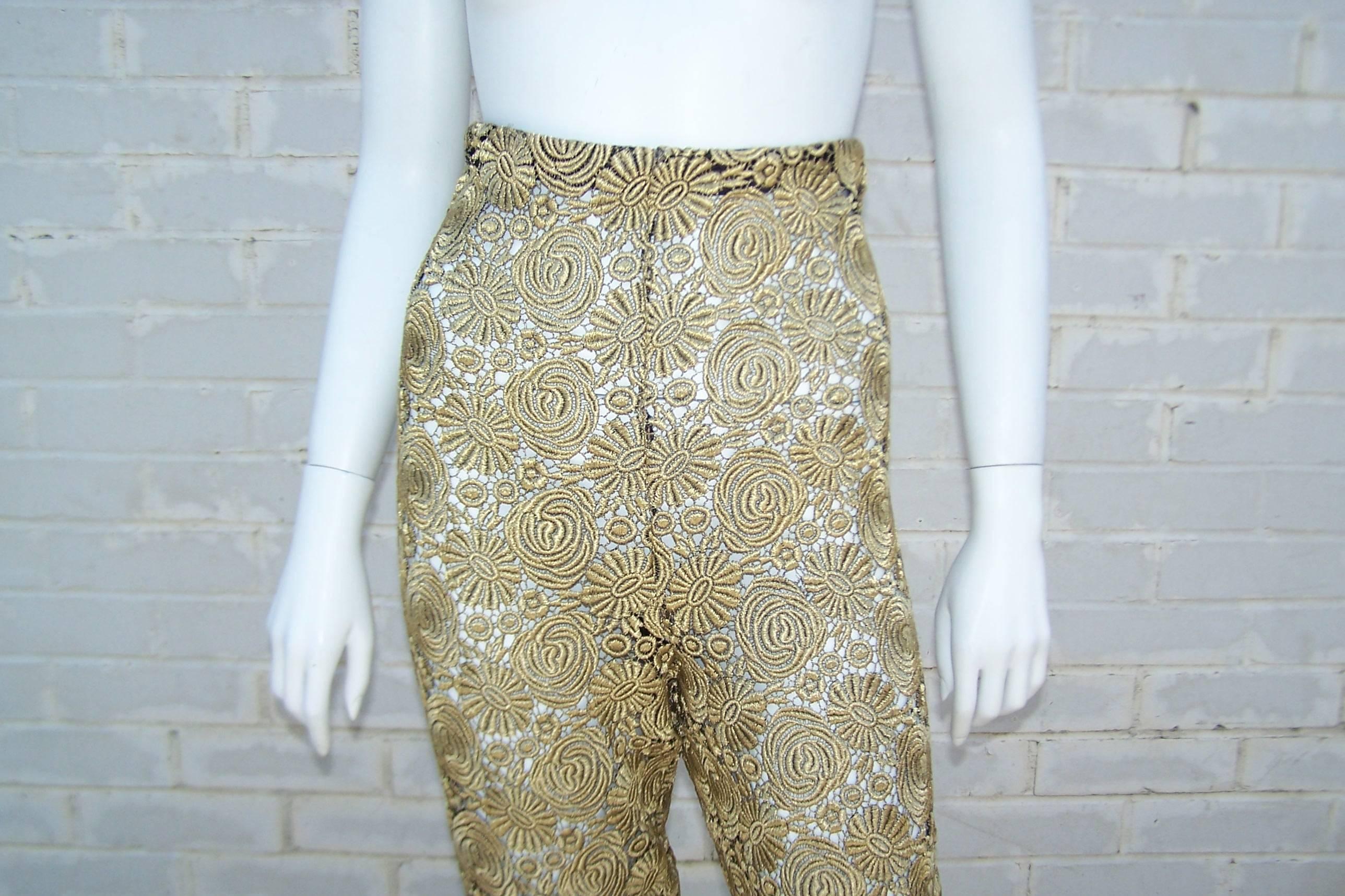 1980's Victorio & Lucchino High Waist Gold Lace Cigarette Pants 1