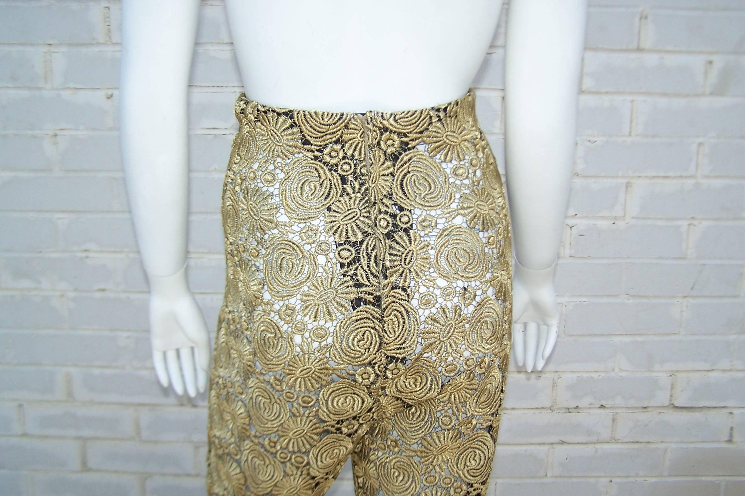 1980's Victorio & Lucchino High Waist Gold Lace Cigarette Pants 2