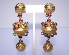 1980's Celestial Orb Bejeweled Dangle Clip-On Earrings