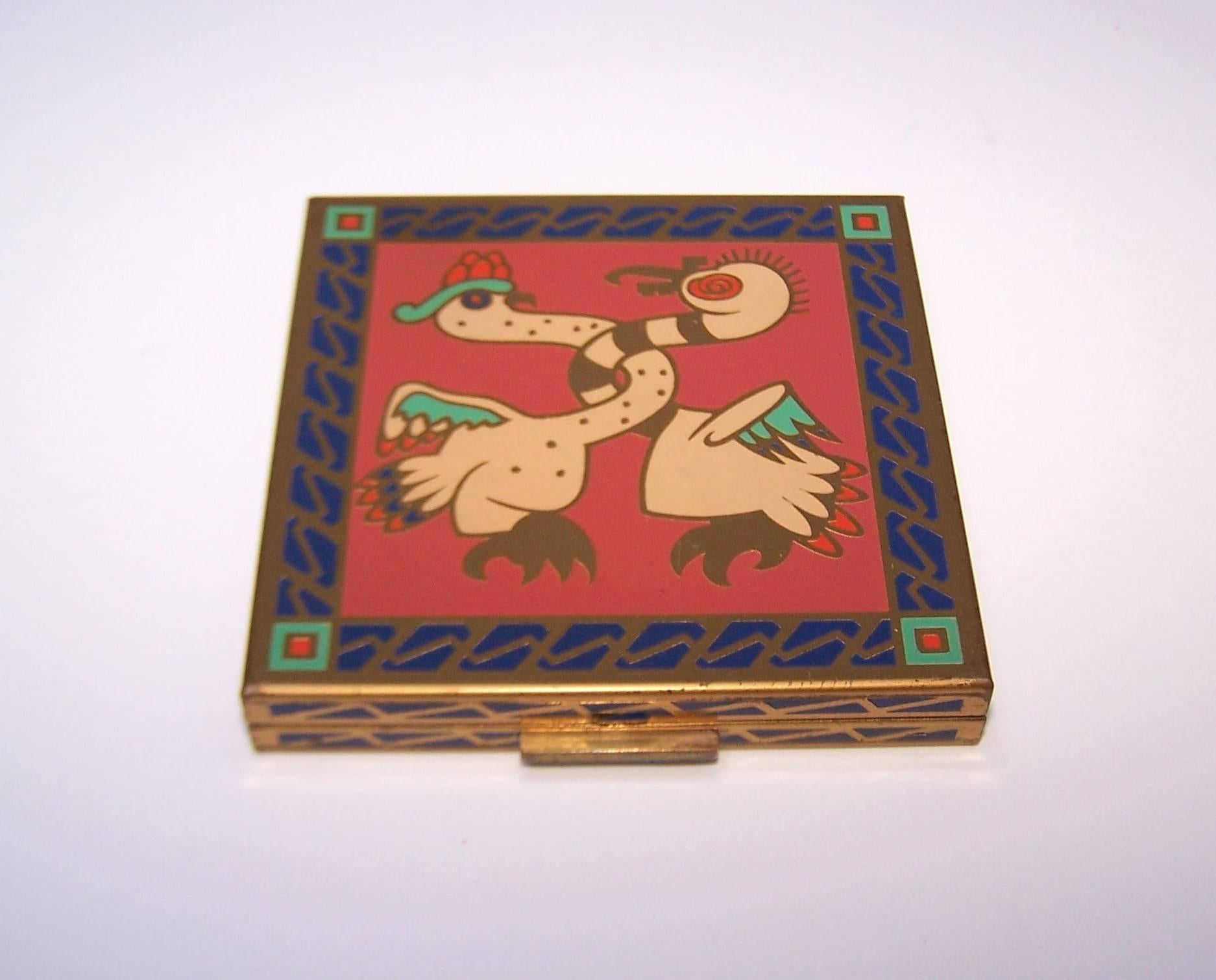 Brown C.1950 Exotic Zell Mirrored Powder Compact With Enamel Decoration