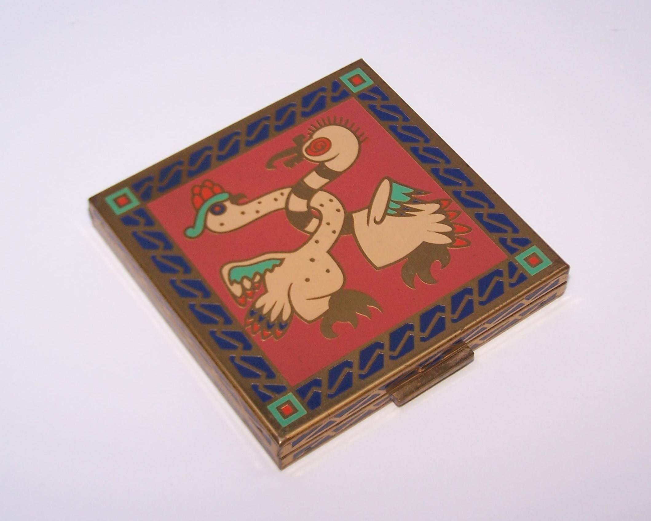 Women's or Men's C.1950 Exotic Zell Mirrored Powder Compact With Enamel Decoration