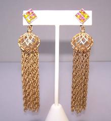 1960's Vendome Iridescent Crystal & Gold Chain Tassel Dangle Earrings