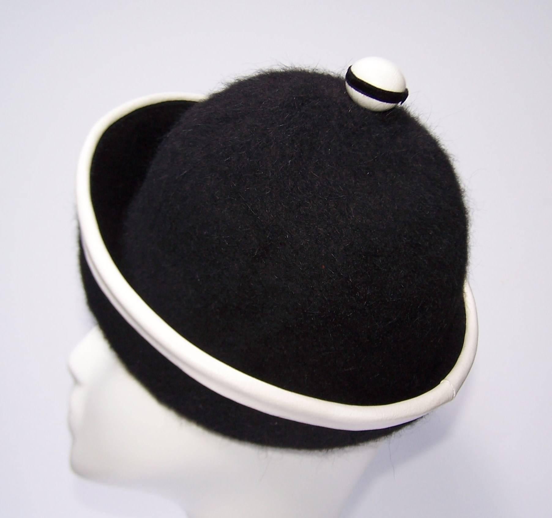 C.1960 Henry Pollak Mod Black Mohair Hat With White Leather Trim In Excellent Condition In Atlanta, GA