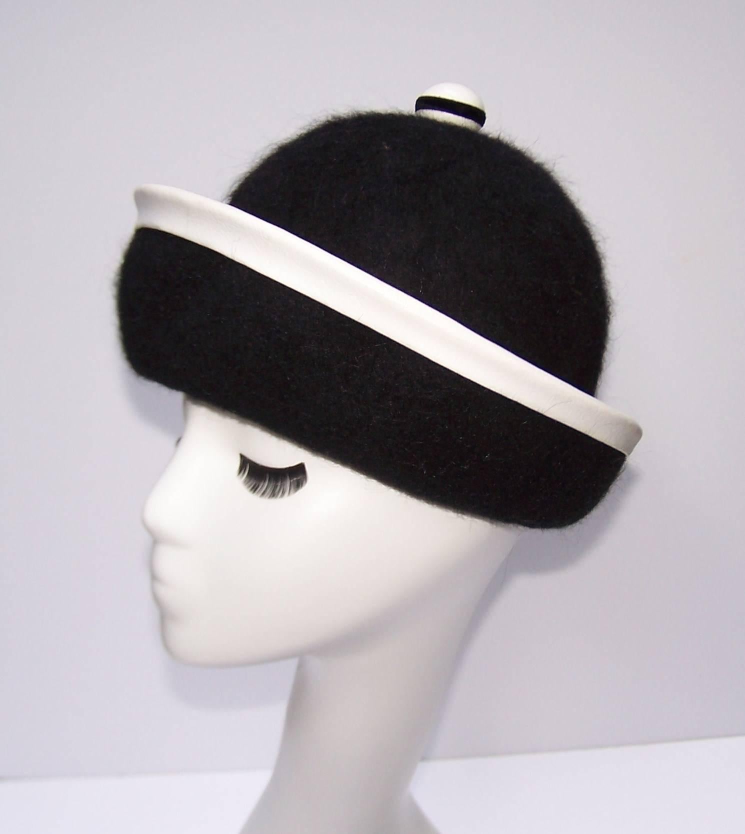 Women's C.1960 Henry Pollak Mod Black Mohair Hat With White Leather Trim