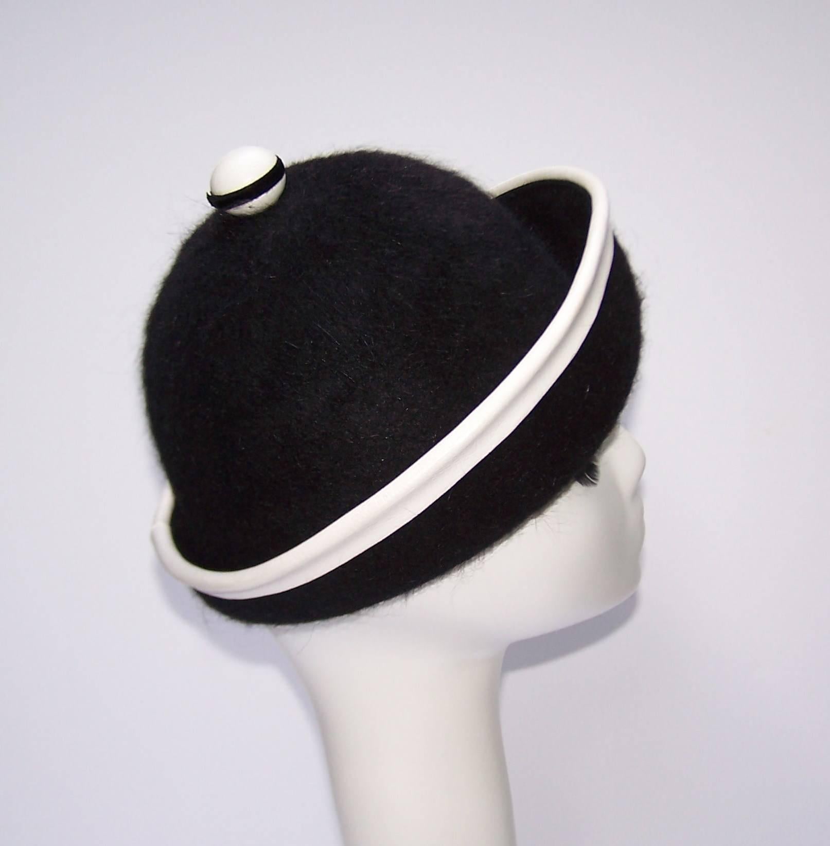 C.1960 Henry Pollak Mod Black Mohair Hat With White Leather Trim 1