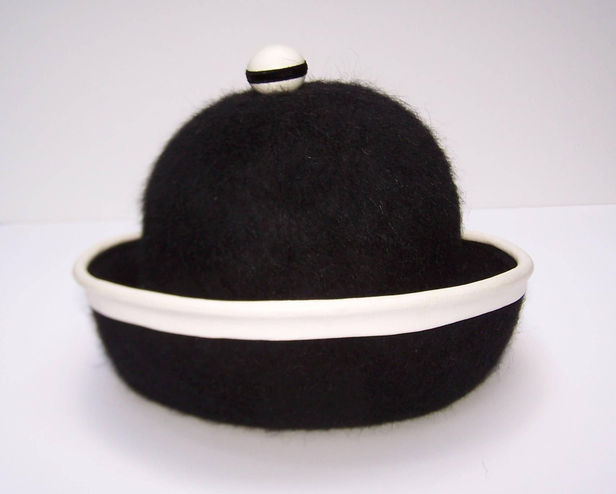 C.1960 Henry Pollak Mod Black Mohair Hat With White Leather Trim 2
