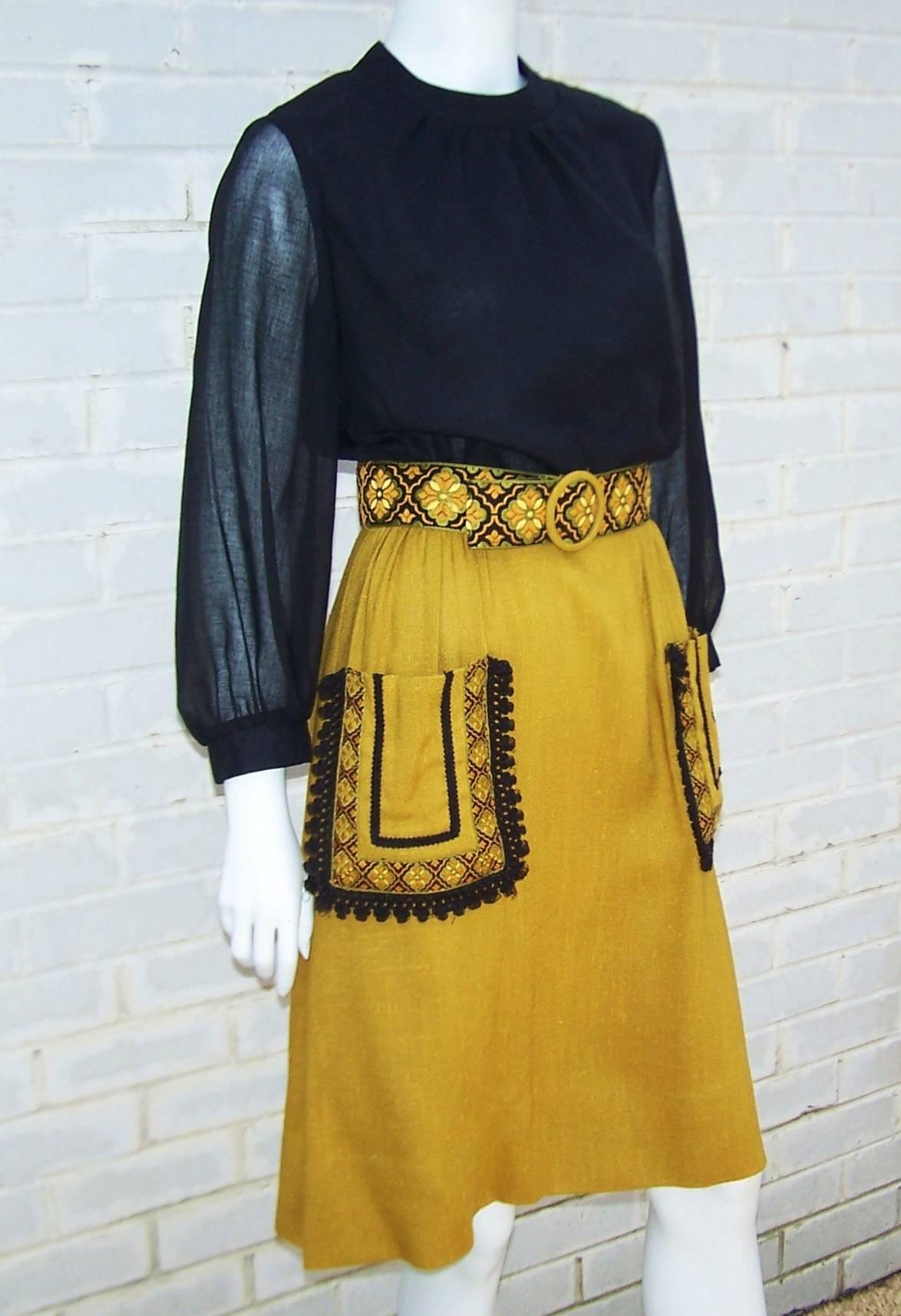Brown 1960's Herman Marcus Muslin & Linen Bohemian Embroidered Dress