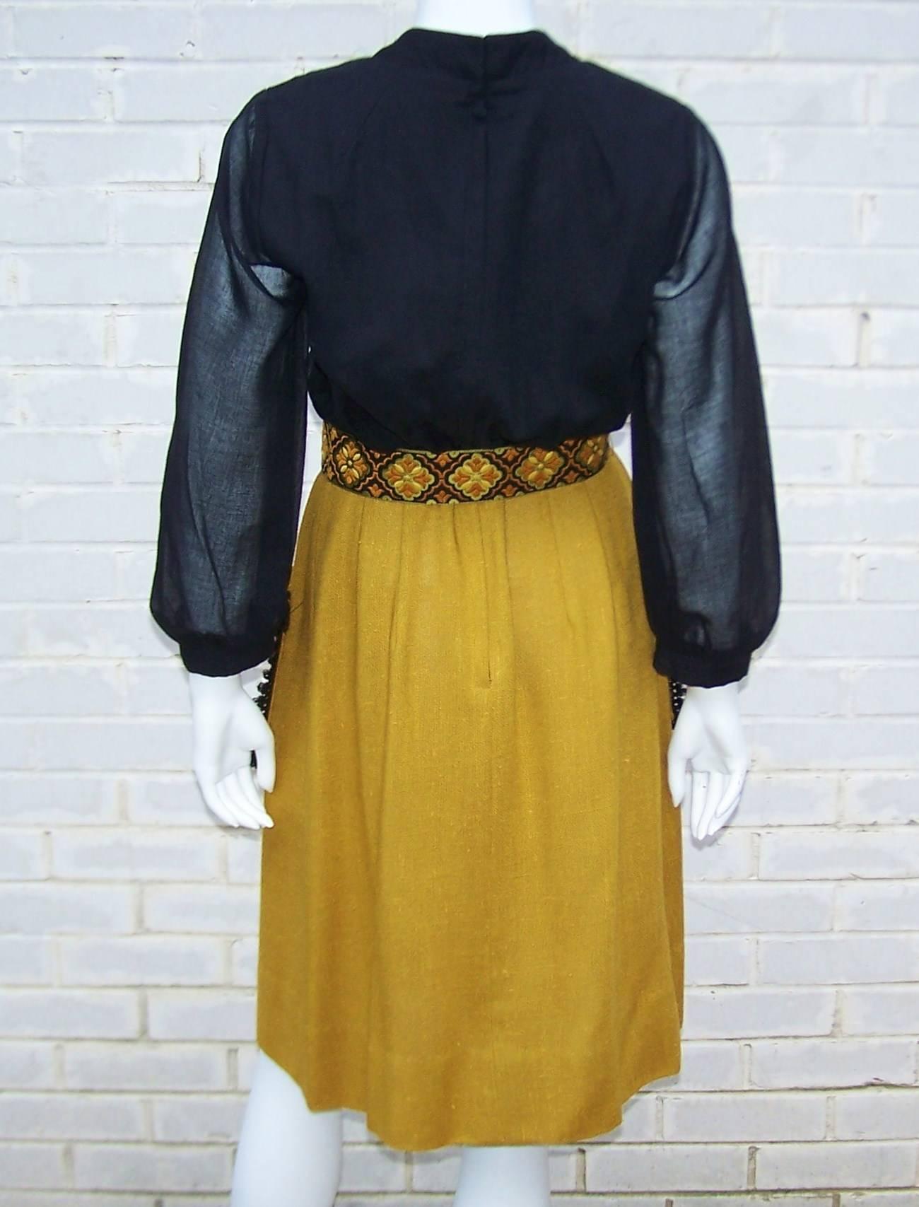 1960's Herman Marcus Muslin & Linen Bohemian Embroidered Dress In Excellent Condition In Atlanta, GA