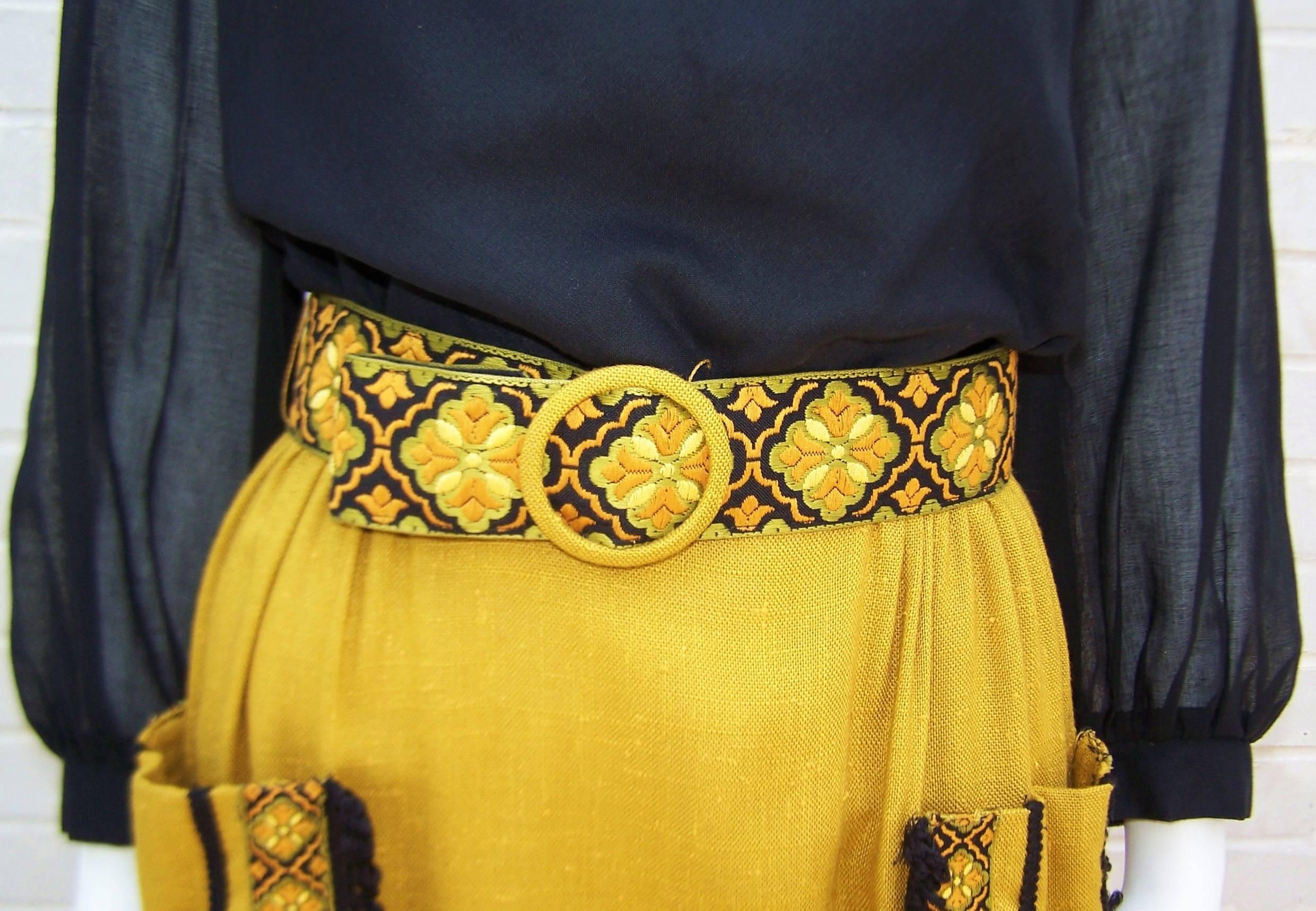 1960's Herman Marcus Muslin & Linen Bohemian Embroidered Dress 1