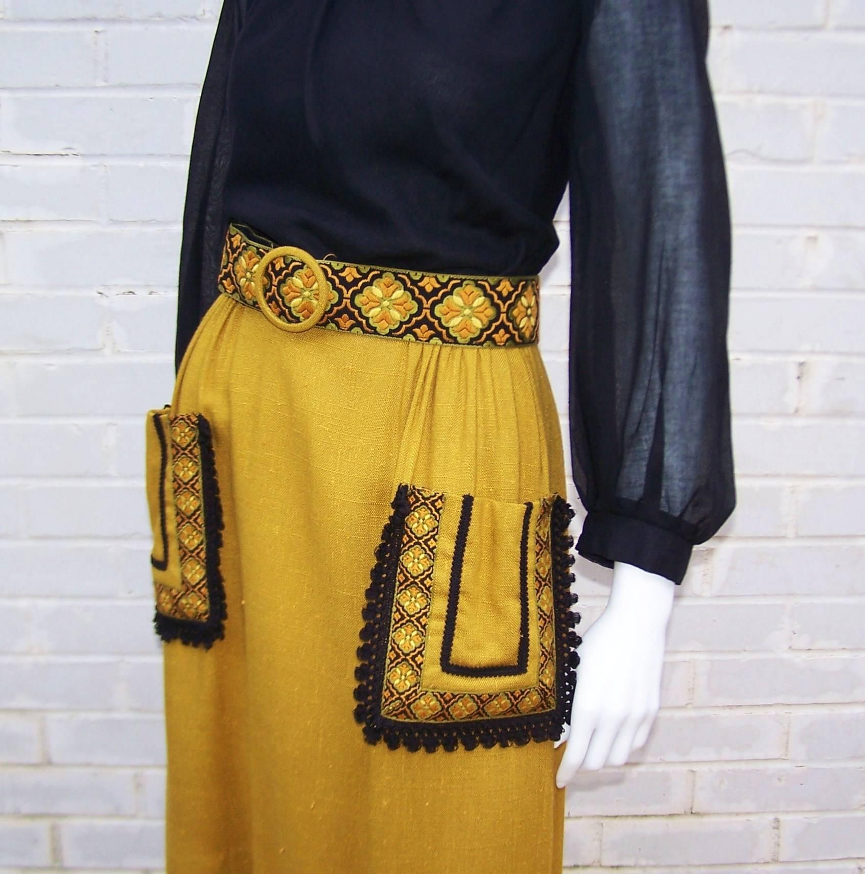 1960's Herman Marcus Muslin & Linen Bohemian Embroidered Dress 3