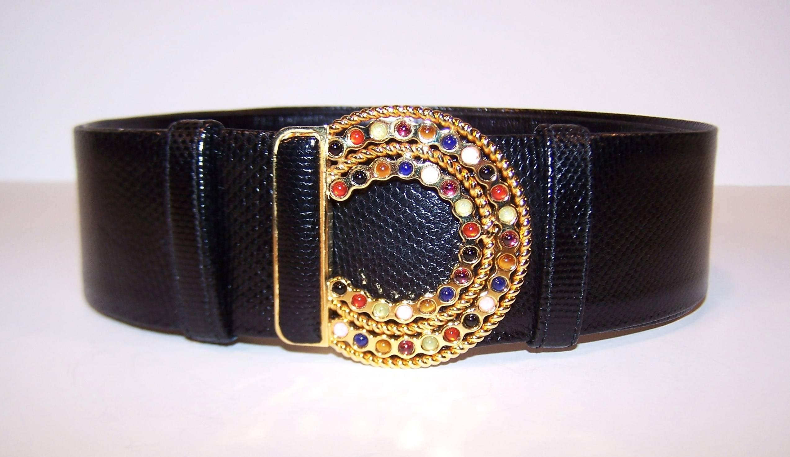 C.1990 Judith Leiber Black Lizard Belt With Cabochon Bejeweled Buckle 1