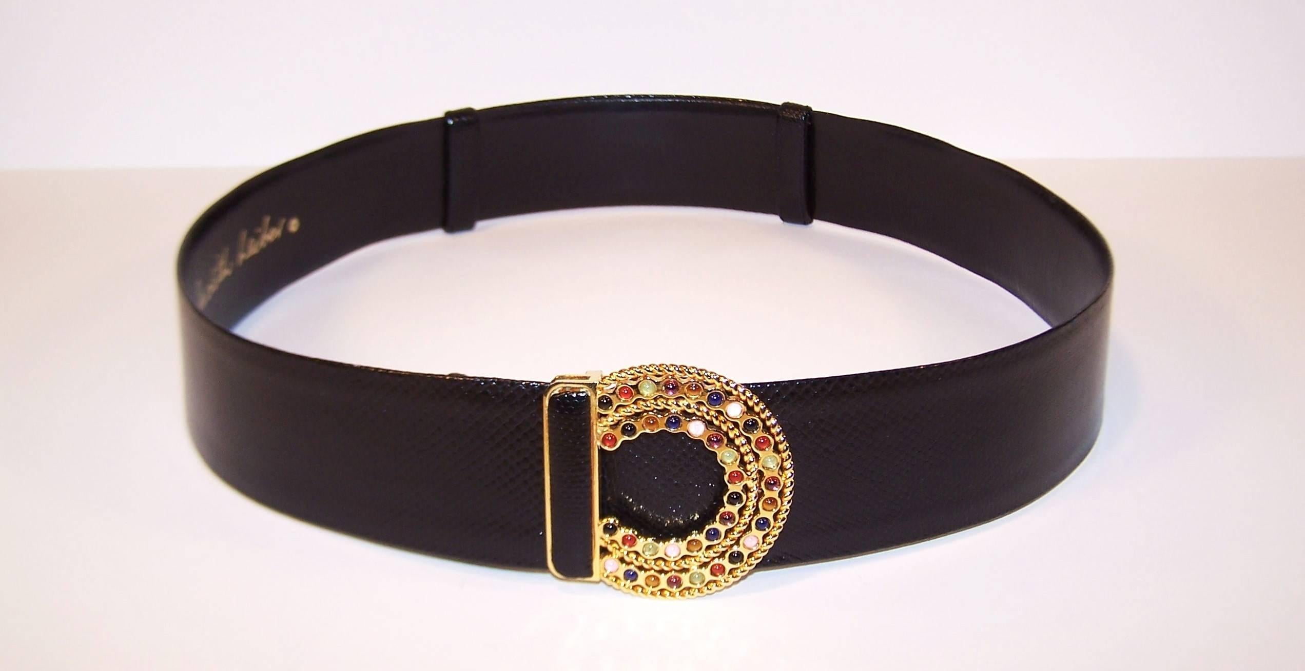 C.1990 Judith Leiber Black Lizard Belt With Cabochon Bejeweled Buckle 2