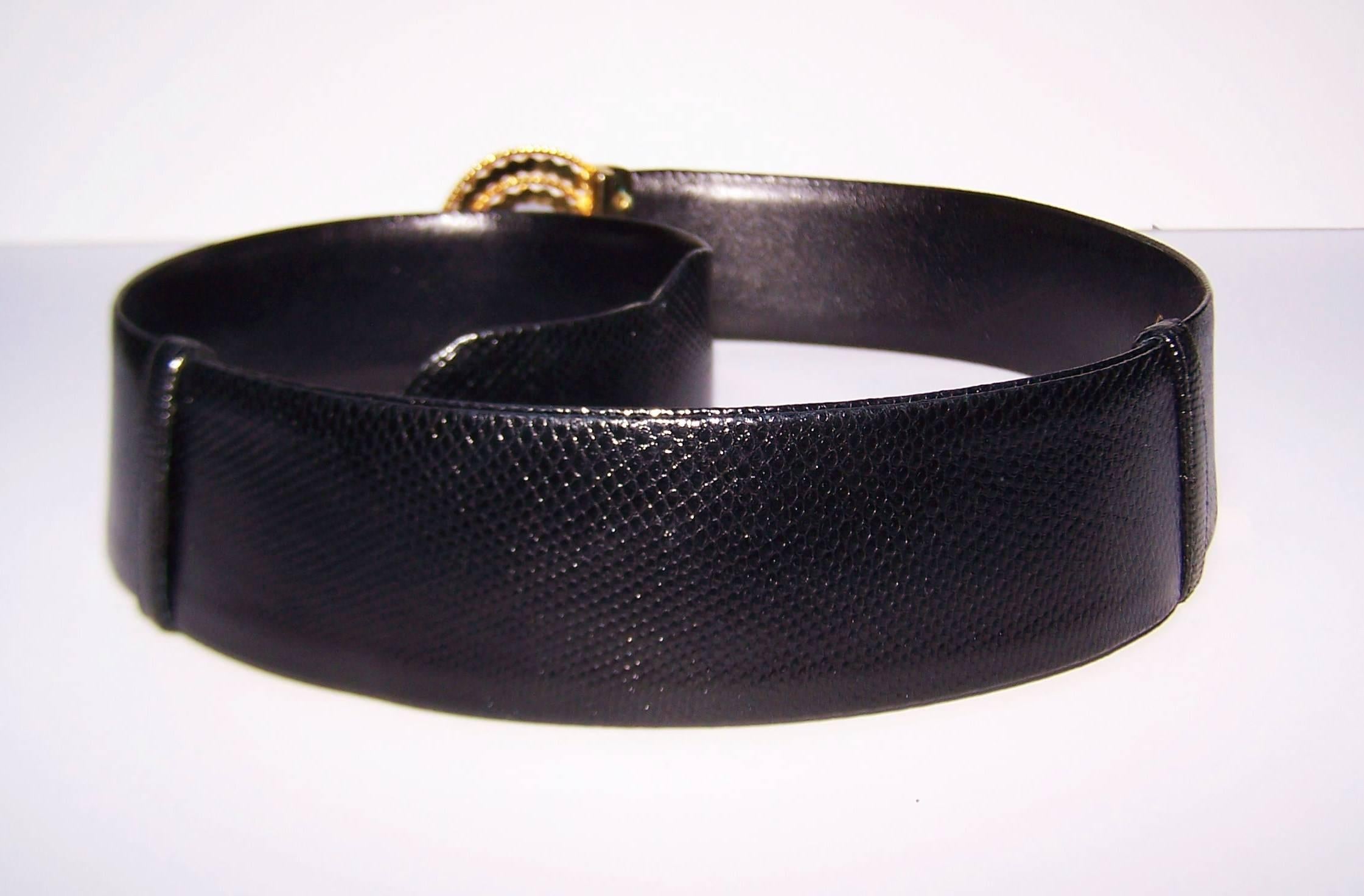 C.1990 Judith Leiber Black Lizard Belt With Cabochon Bejeweled Buckle 3