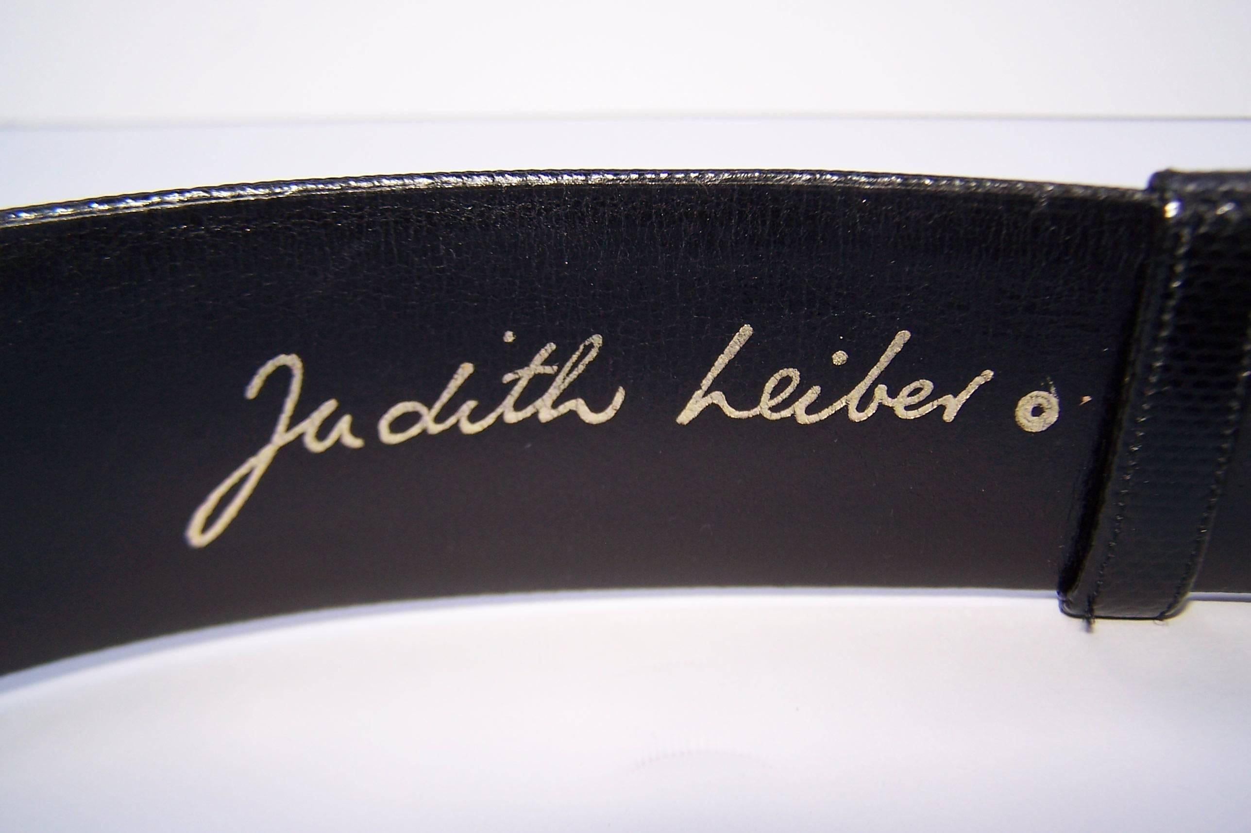 C.1990 Judith Leiber Black Lizard Belt With Cabochon Bejeweled Buckle 5