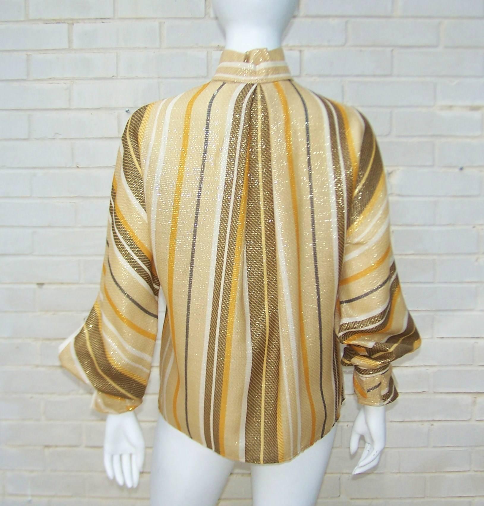Women's 1980's Gianfranco Ferre Striped Gold Lurex Dandy Style Blouse