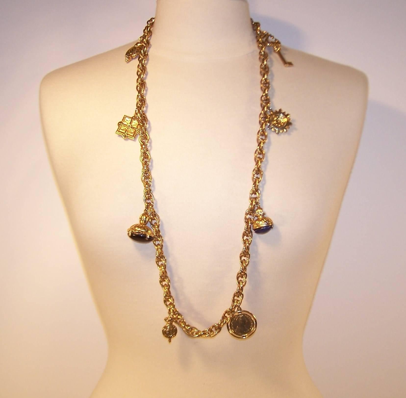 Victorian 1980's Gold Tone Charm Necklace With Rope Style Chain 