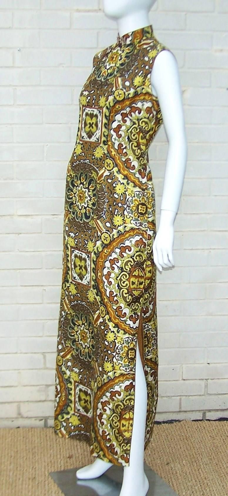 Brown C.1970 Cheongsam Exotic Silk Tiki Dress