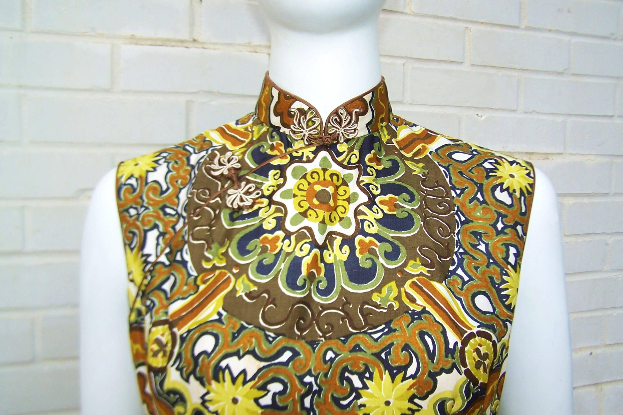 C.1970 Cheongsam Exotic Silk Tiki Dress 1