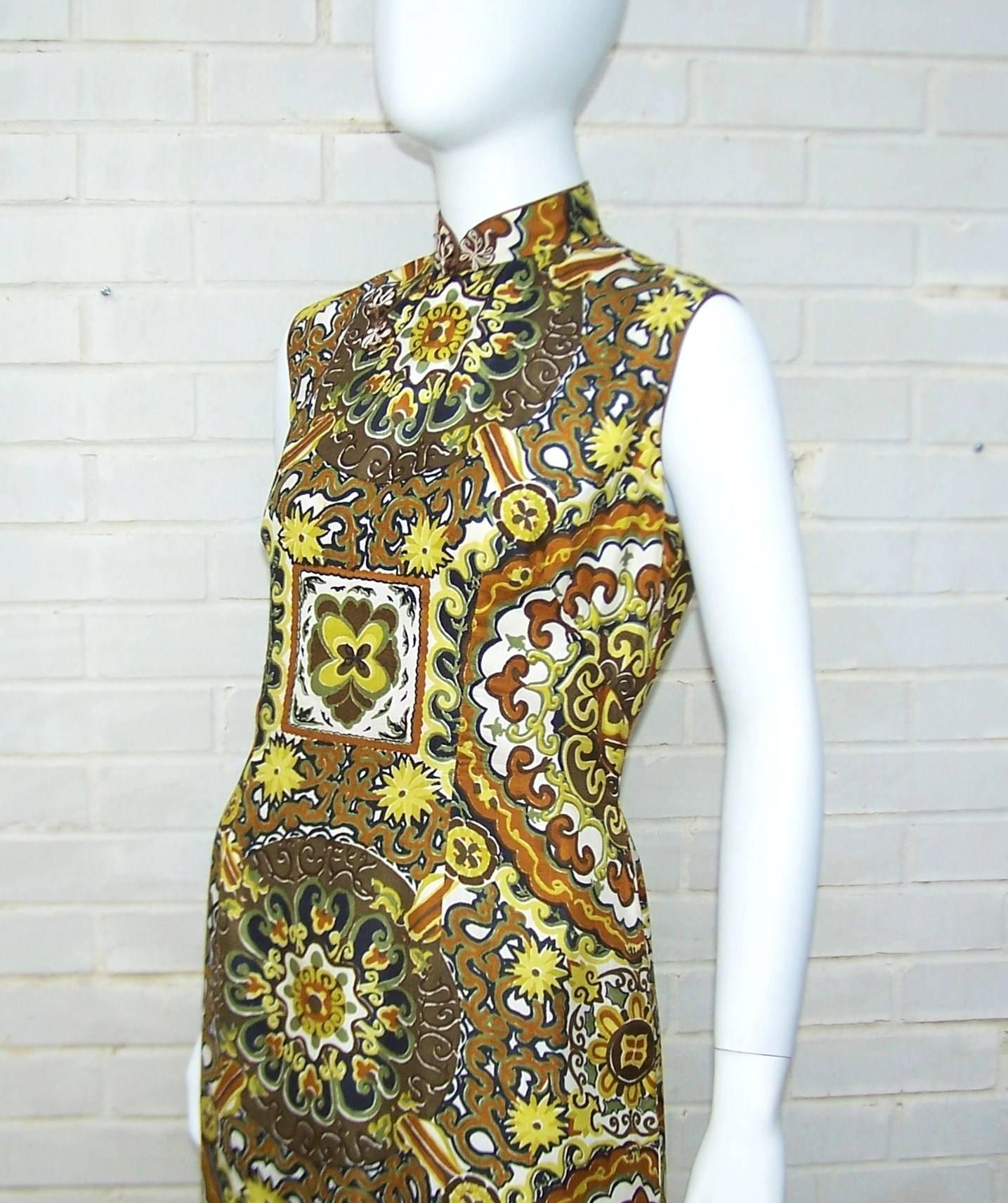 C.1970 Cheongsam Exotic Silk Tiki Dress 2