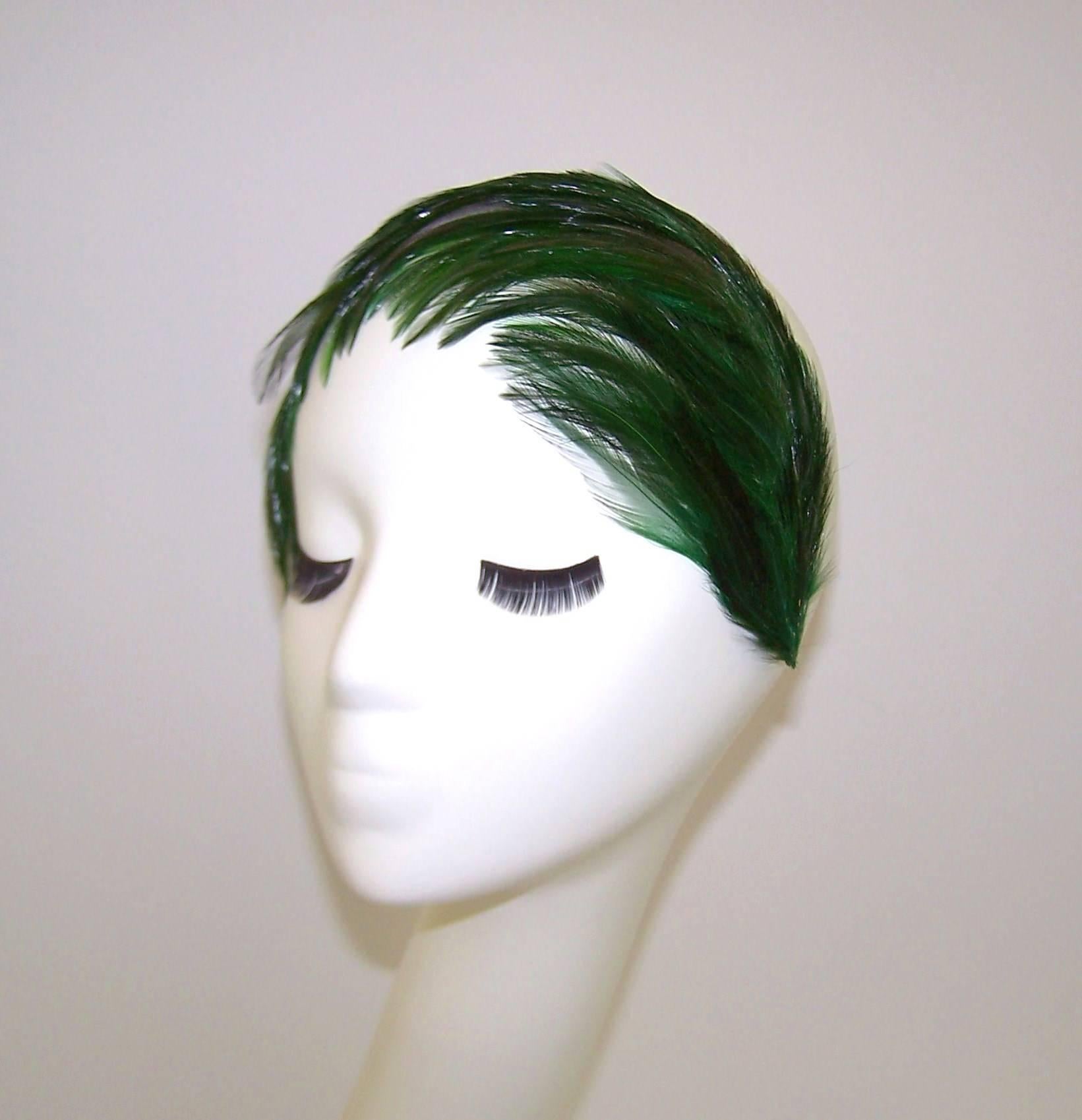 C.1950 Emerald Green Feather Covered Headband Hat 1