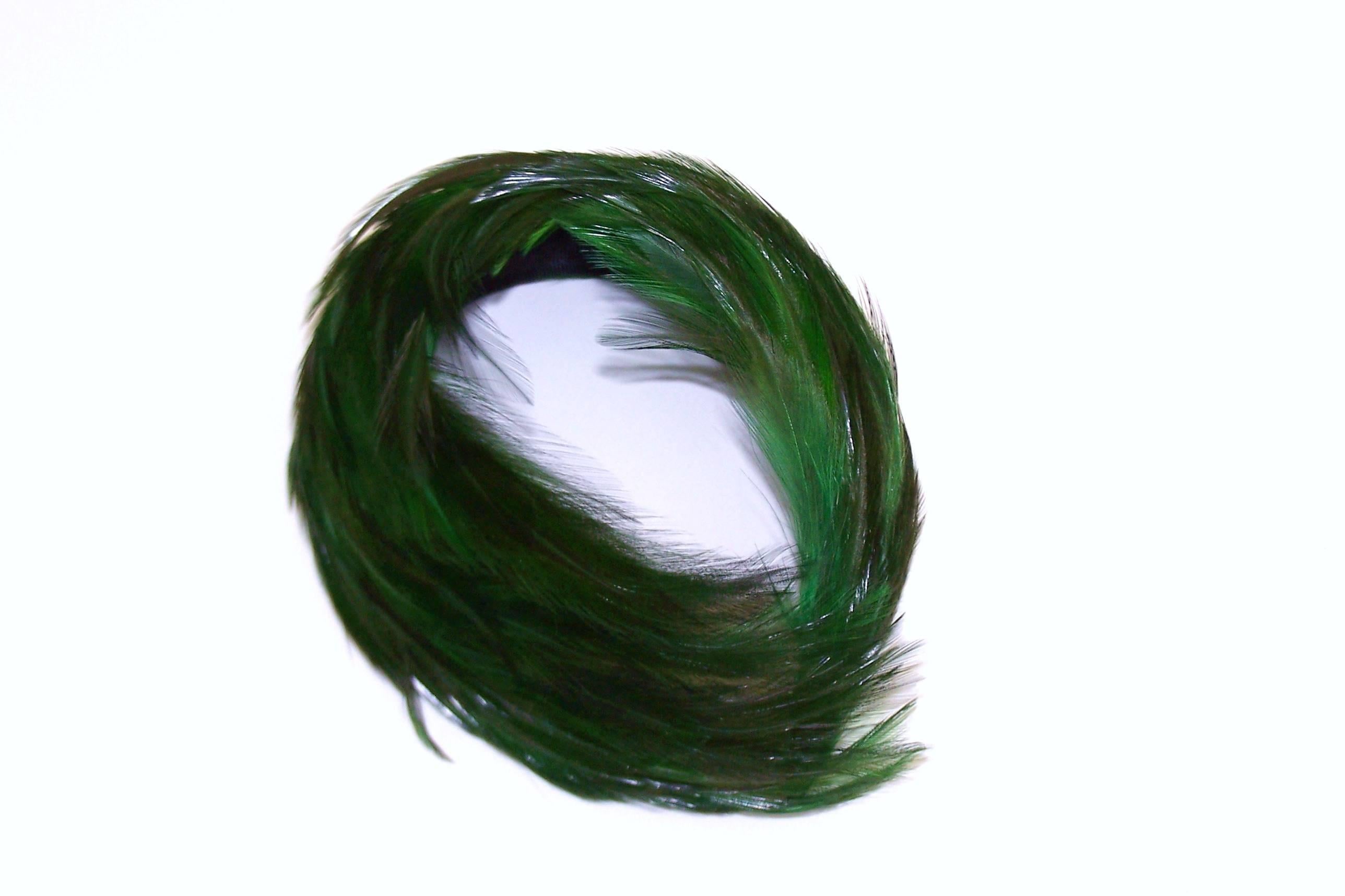 C.1950 Emerald Green Feather Covered Headband Hat 2