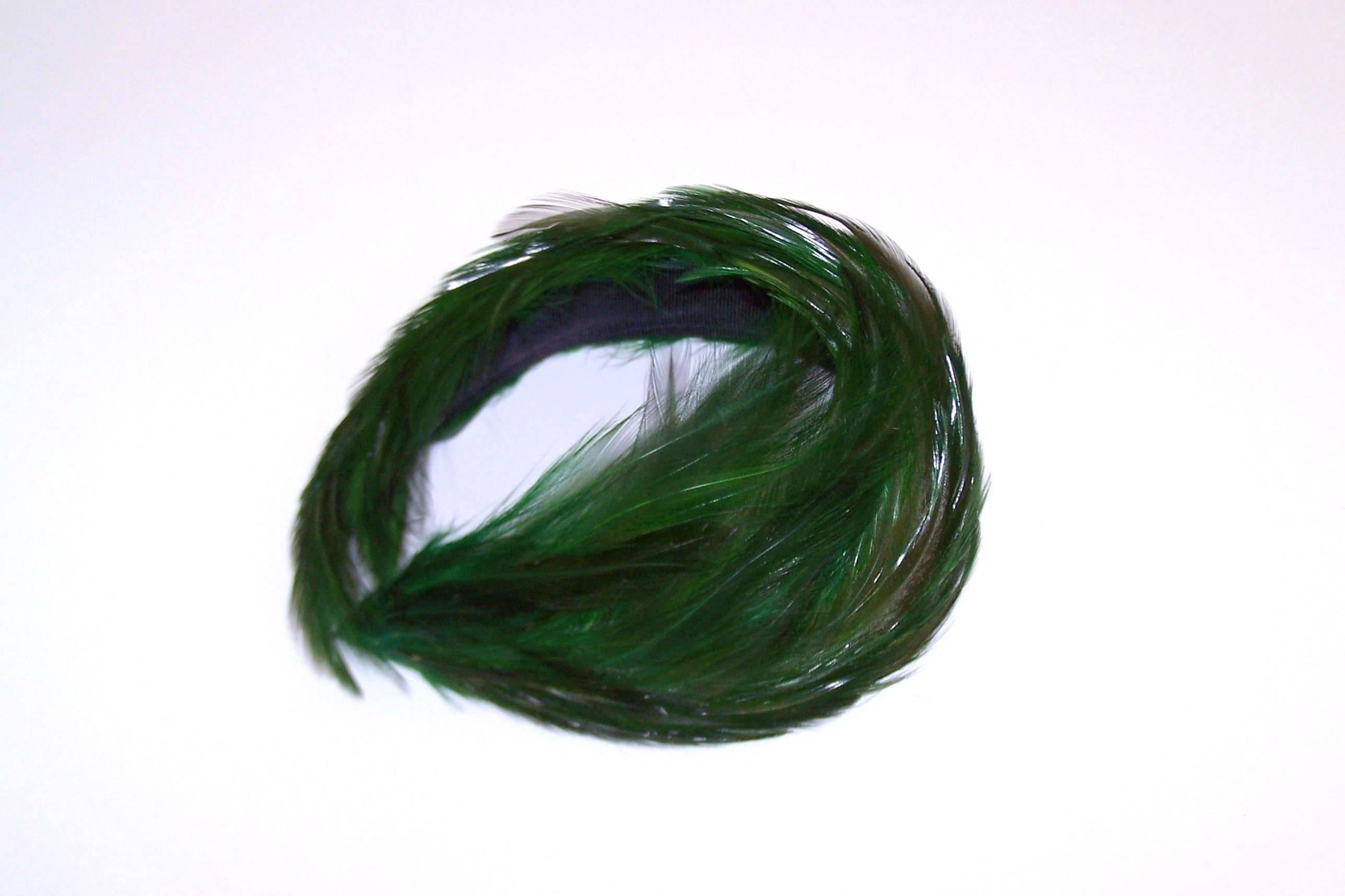 C.1950 Emerald Green Feather Covered Headband Hat 3