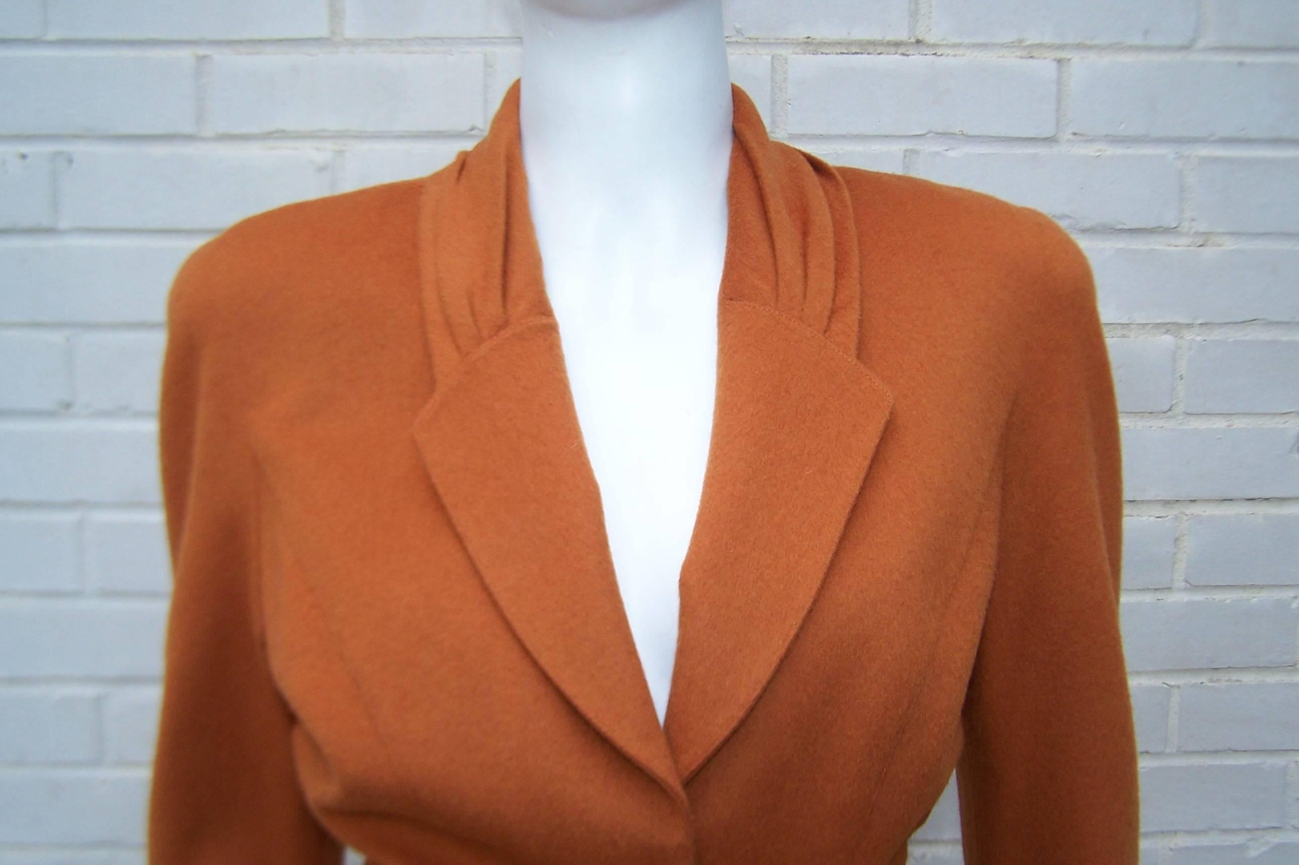 Orange 1980's Thierry Mugler Pumpkin Wool Wasp Waist Jacket With Chain Closure