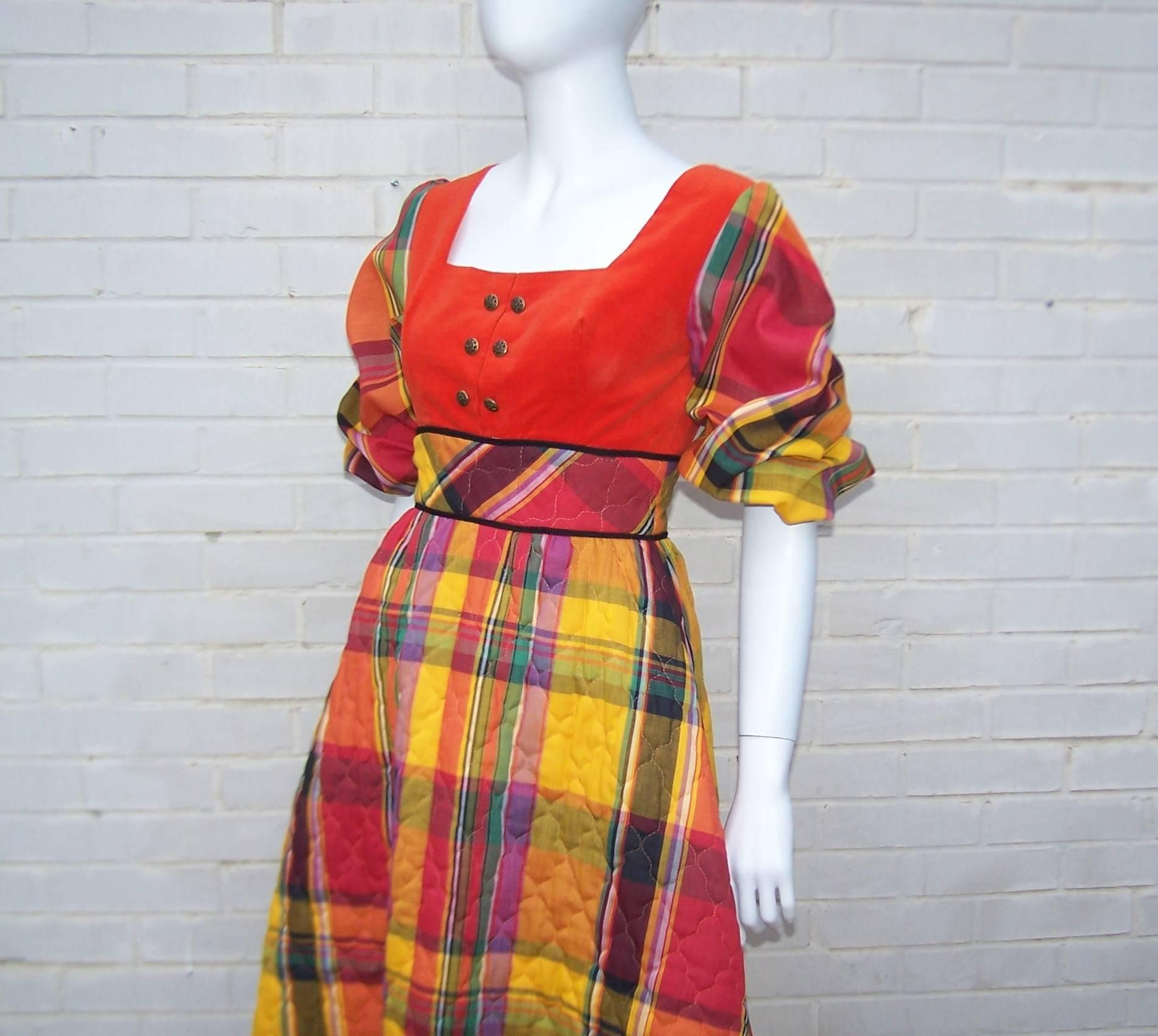 C.1970 Saks Fifth Avenue Quilted Plaid Hostess Dress With Velvet Bodice 1