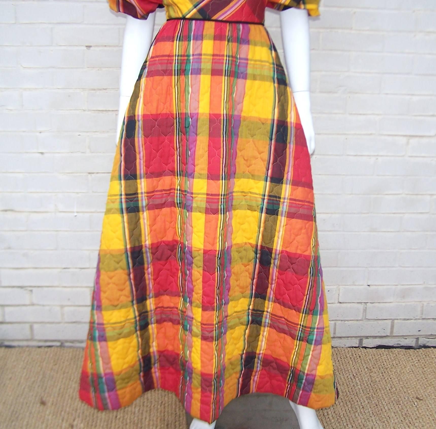 C.1970 Saks Fifth Avenue Quilted Plaid Hostess Dress With Velvet Bodice 2