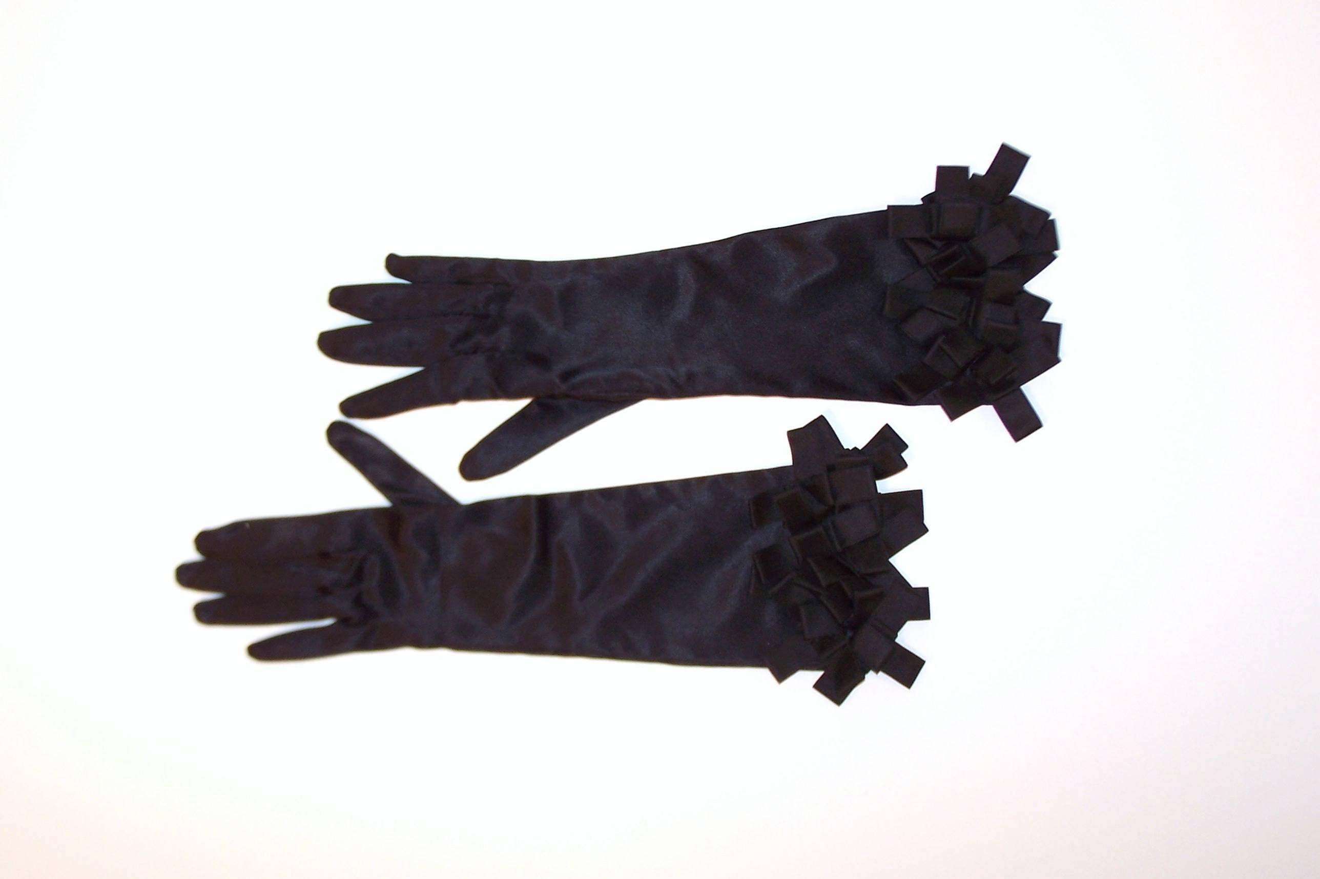 Glamorous C.1960 Black Satin Evening Gloves With Ribbon Cuffs In Excellent Condition In Atlanta, GA