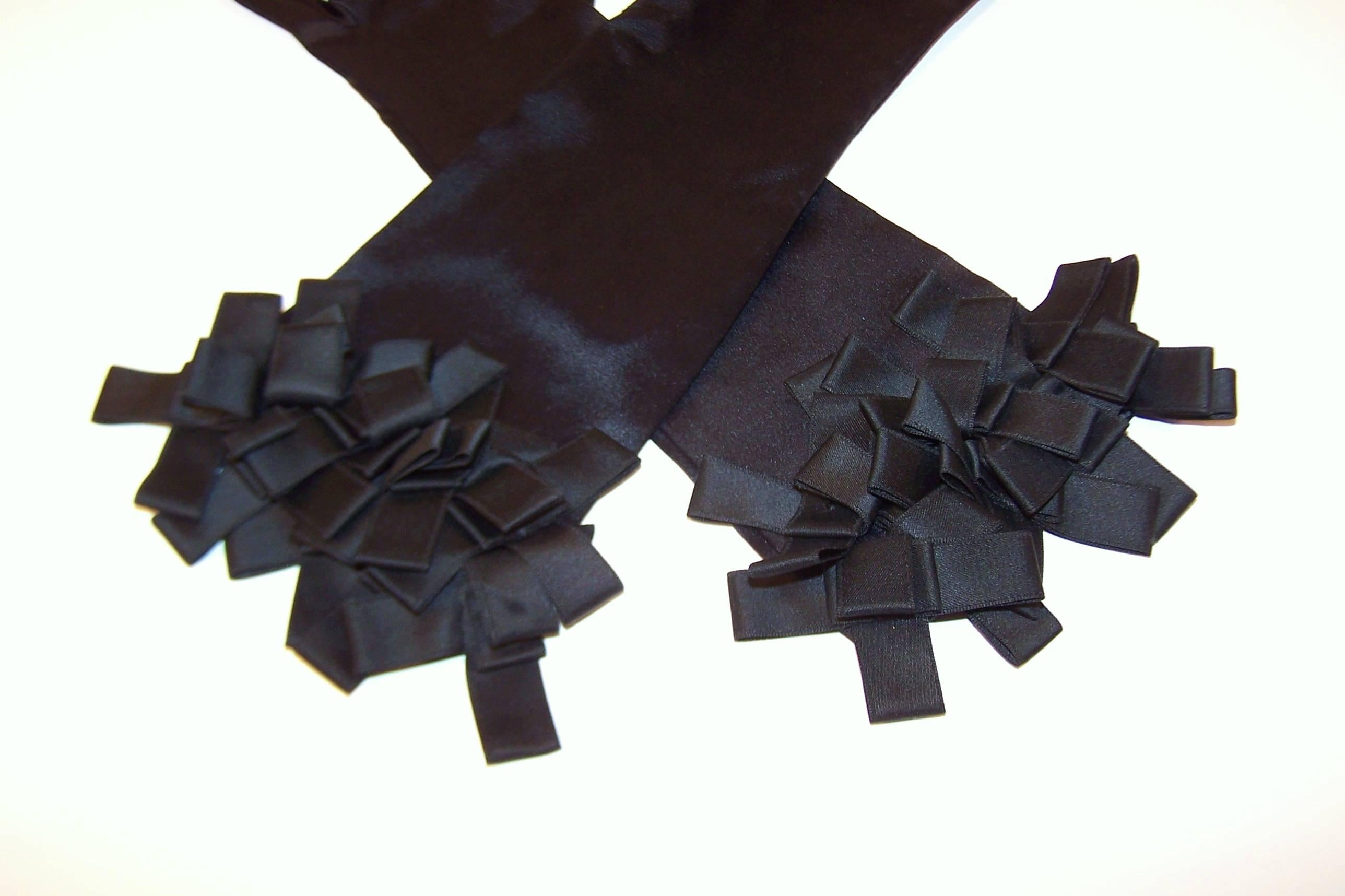 Women's or Men's Glamorous C.1960 Black Satin Evening Gloves With Ribbon Cuffs