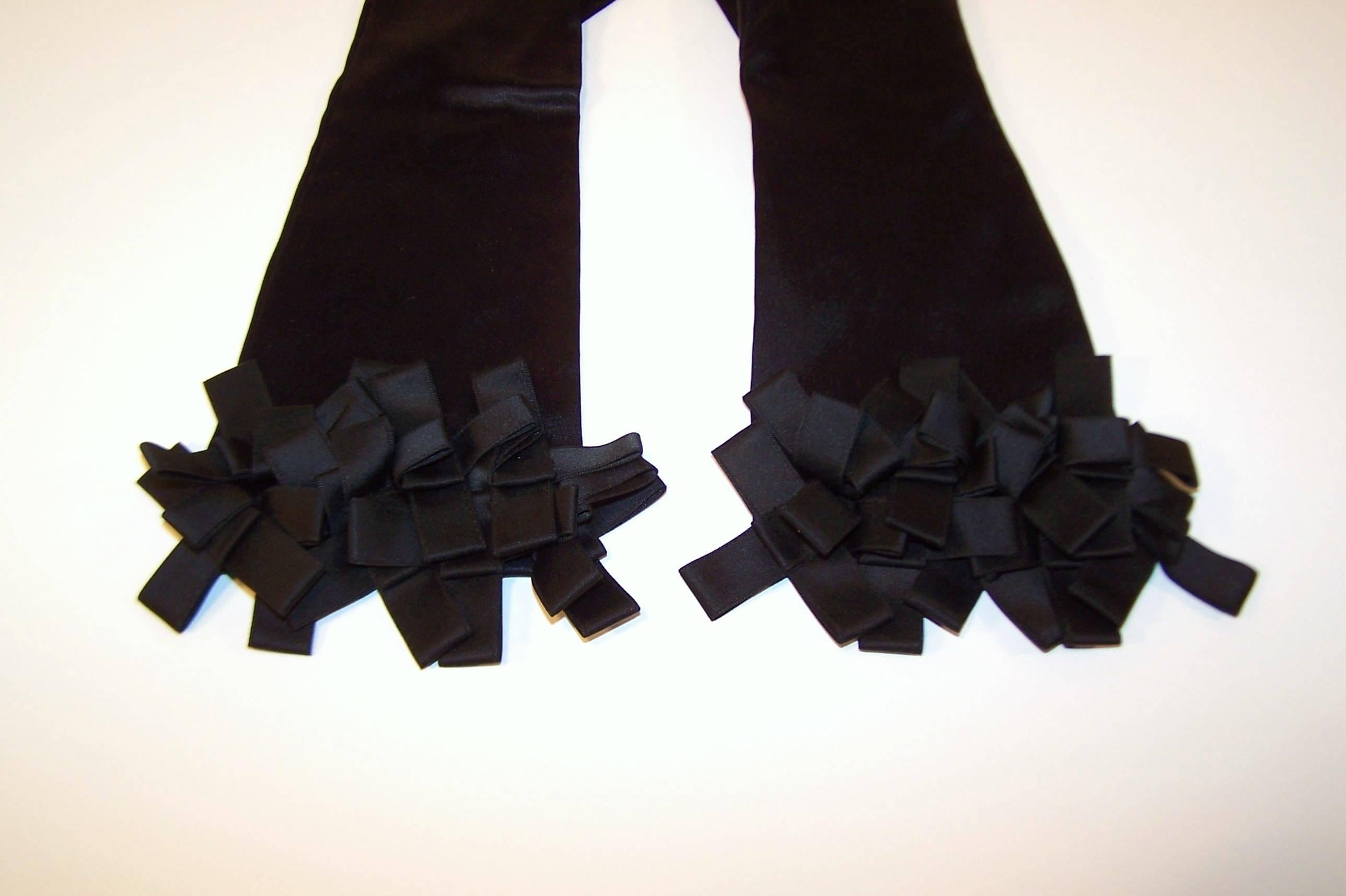 Glamorous C.1960 Black Satin Evening Gloves With Ribbon Cuffs 1