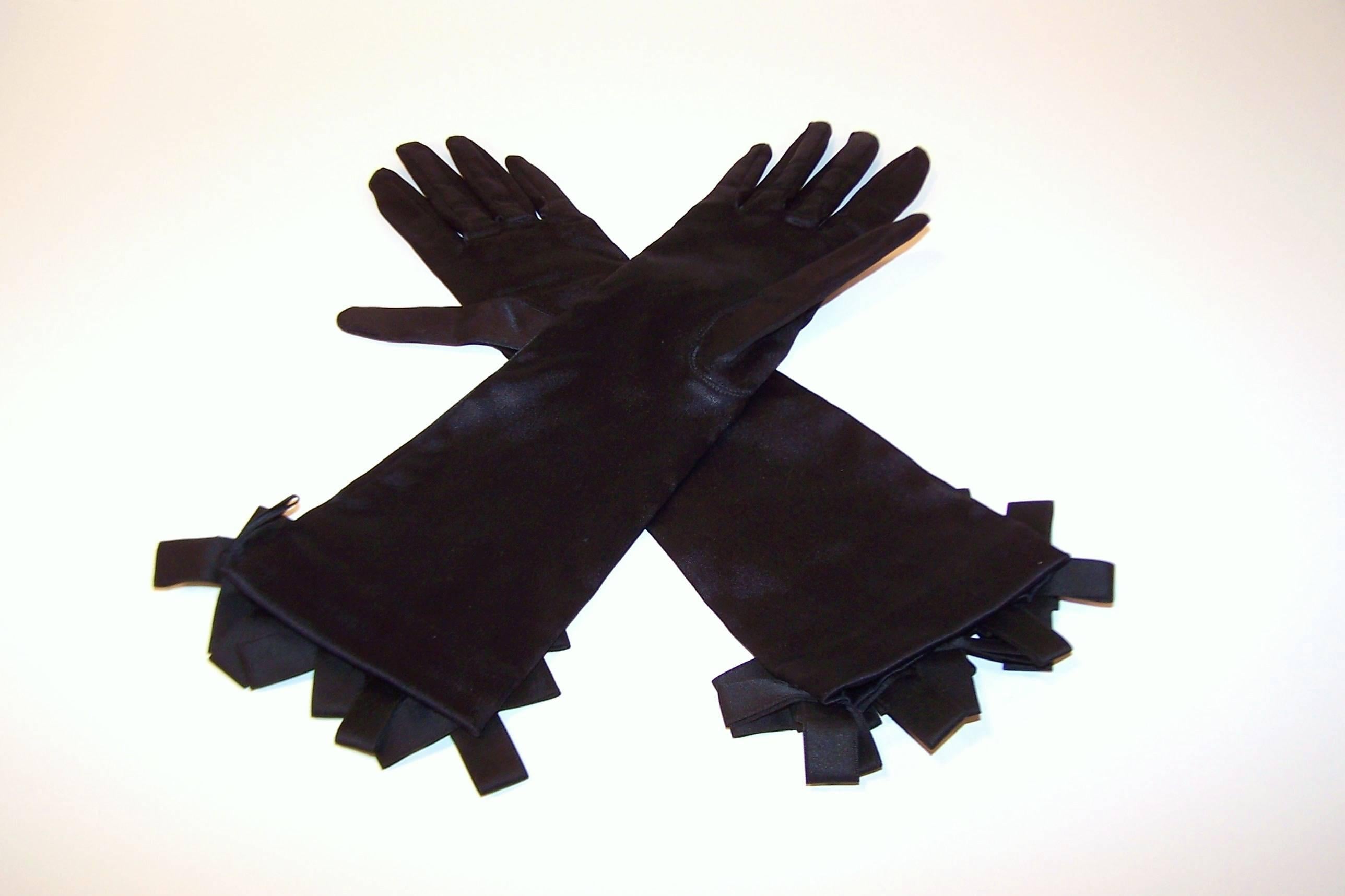 Glamorous C.1960 Black Satin Evening Gloves With Ribbon Cuffs 2