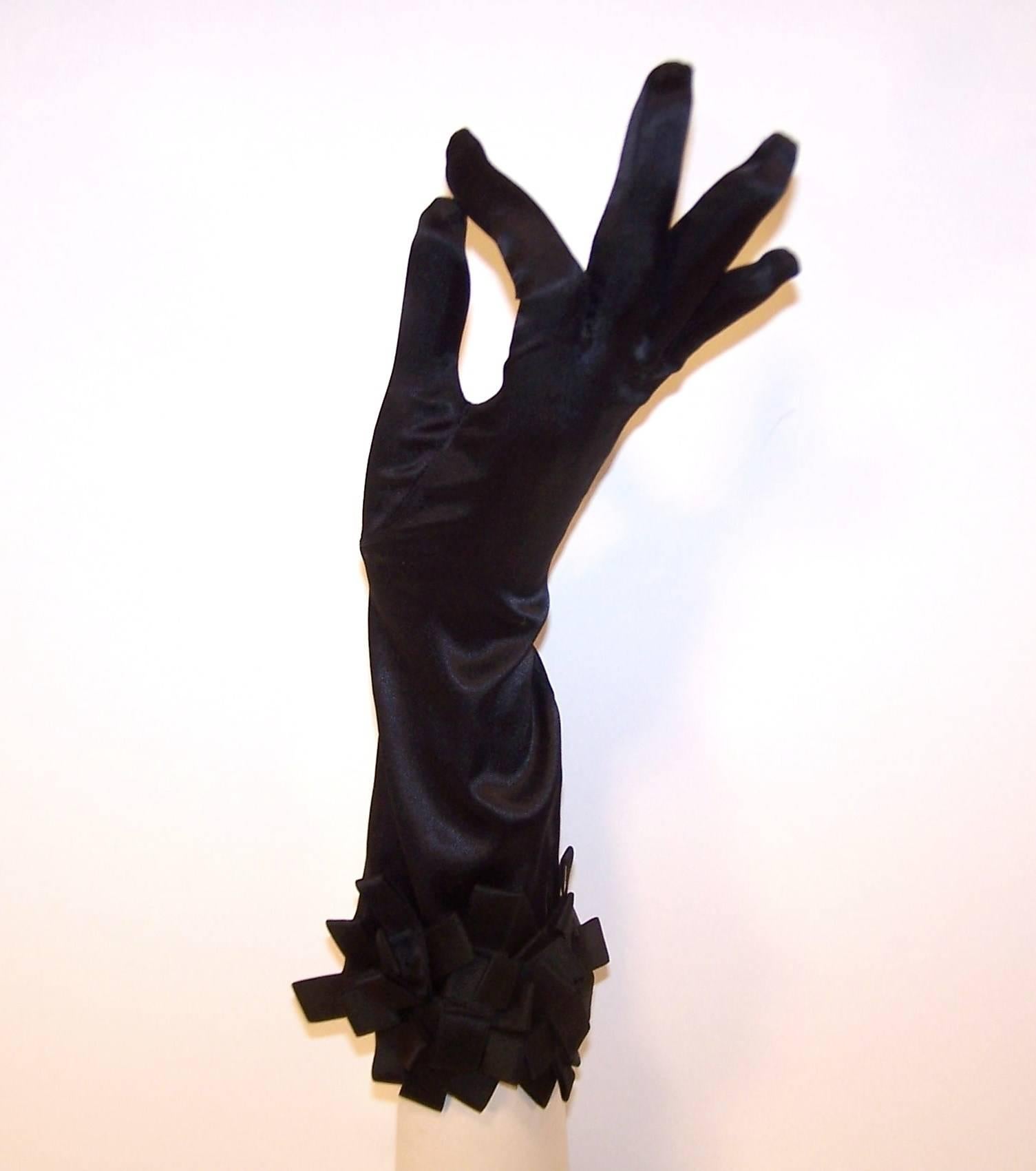 Glamorous C.1960 Black Satin Evening Gloves With Ribbon Cuffs 3