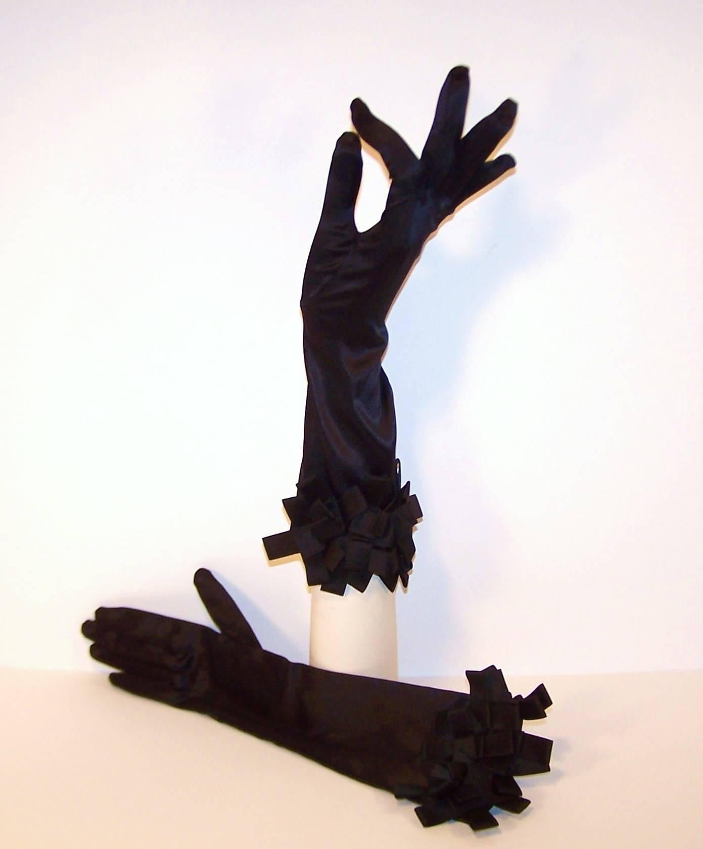 Glamorous C.1960 Black Satin Evening Gloves With Ribbon Cuffs 4