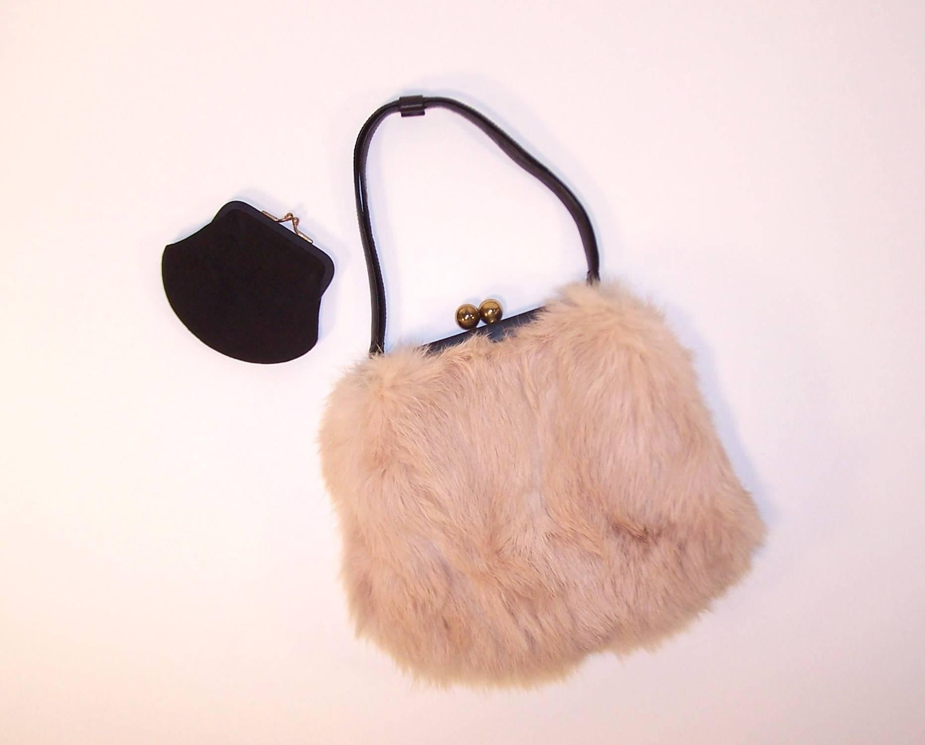 Beige Fluffy 1950's Morris Moskowitz Pink Fur & Black Leather Handbag