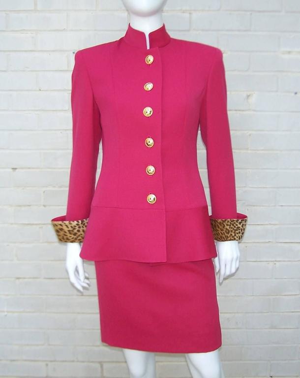 C.1990 Raspberry Red Valentino Dress Suit With Cheetah Print Vents and ...