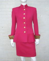 C.1990 Raspberry Red Valentino Dress Suit With Cheetah Print Vents & Cuffs