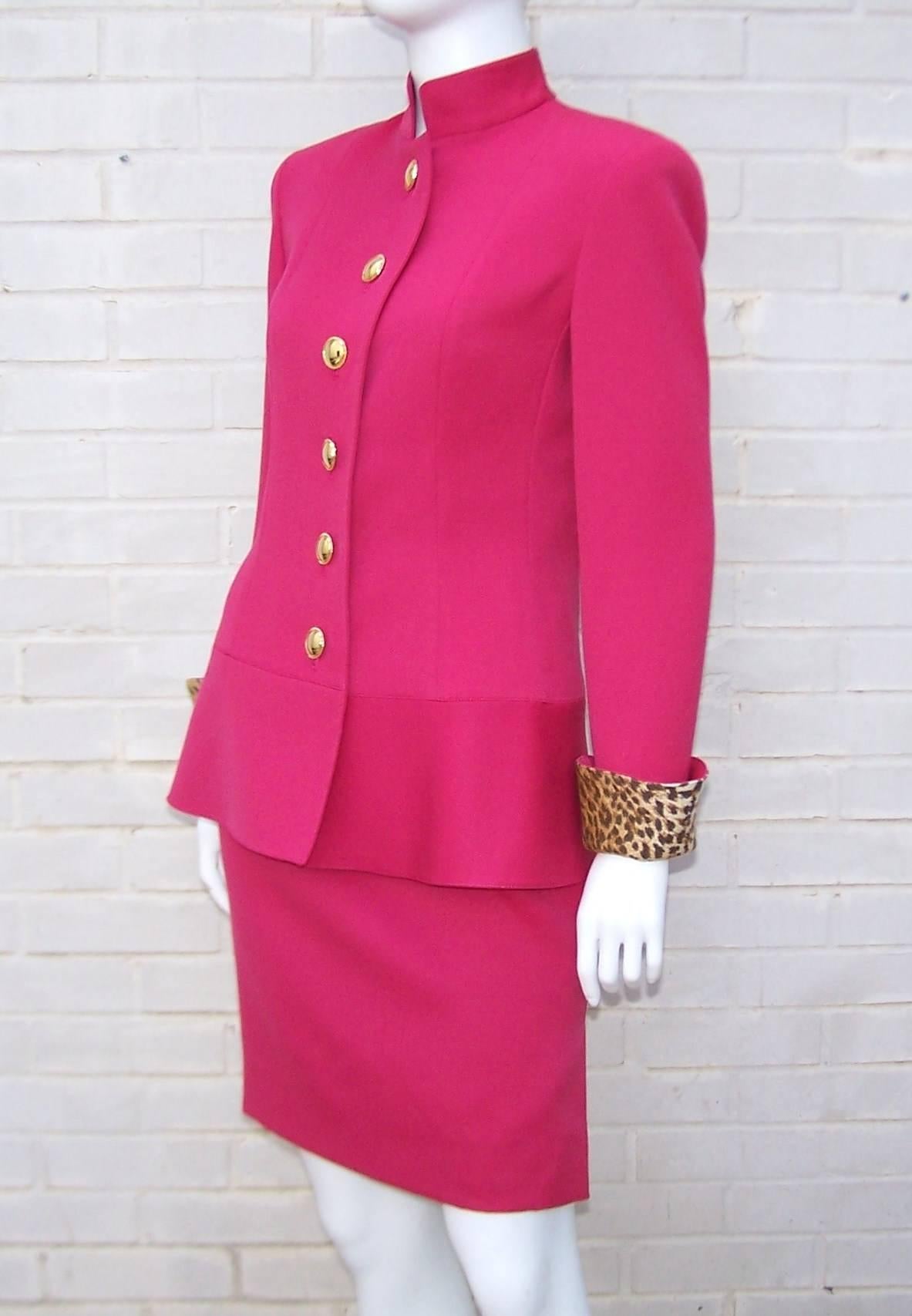 C.1990 Raspberry Red Valentino Dress Suit With Cheetah Print Vents & Cuffs In Excellent Condition In Atlanta, GA