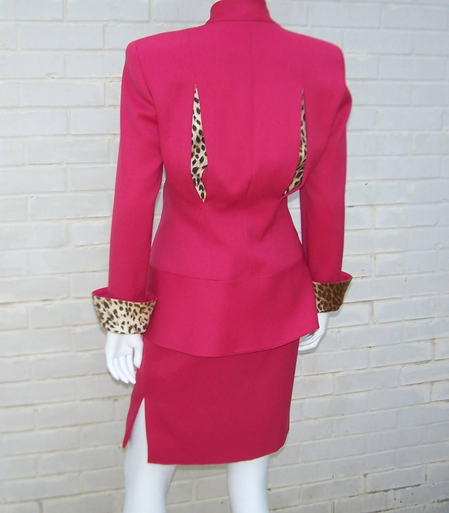 Women's C.1990 Raspberry Red Valentino Dress Suit With Cheetah Print Vents & Cuffs