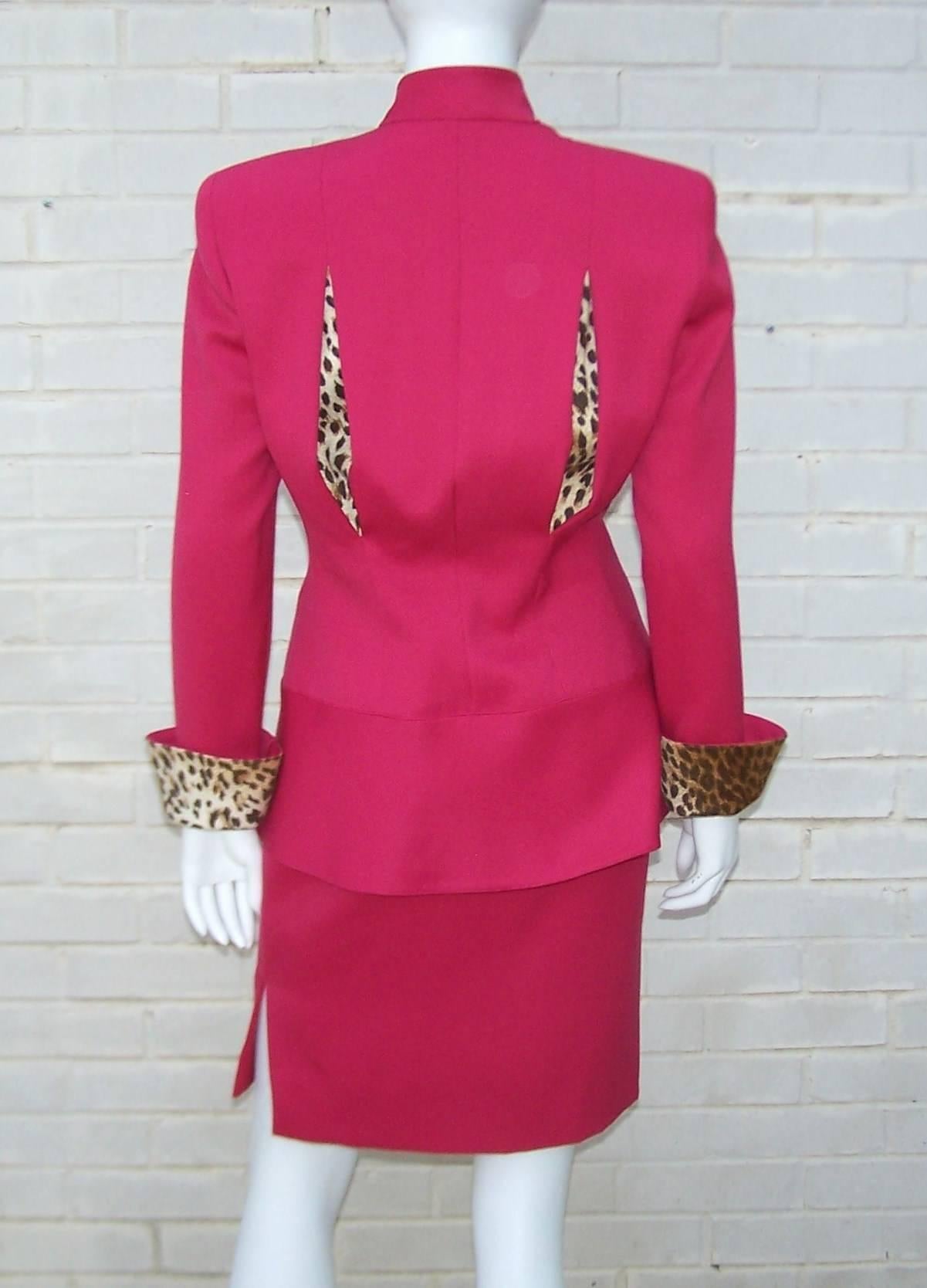 C.1990 Raspberry Red Valentino Dress Suit With Cheetah Print Vents & Cuffs 1