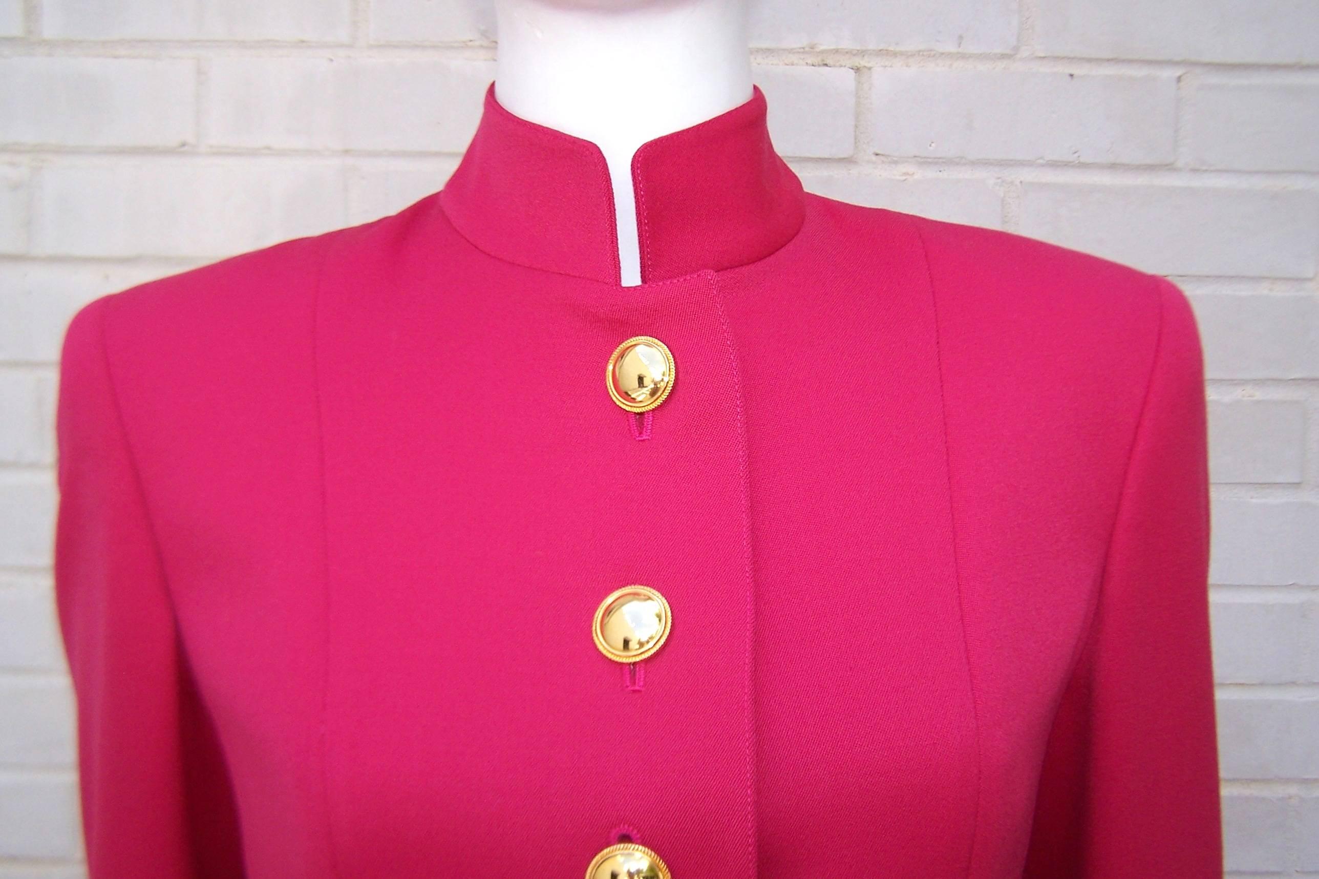 C.1990 Raspberry Red Valentino Dress Suit With Cheetah Print Vents & Cuffs 2