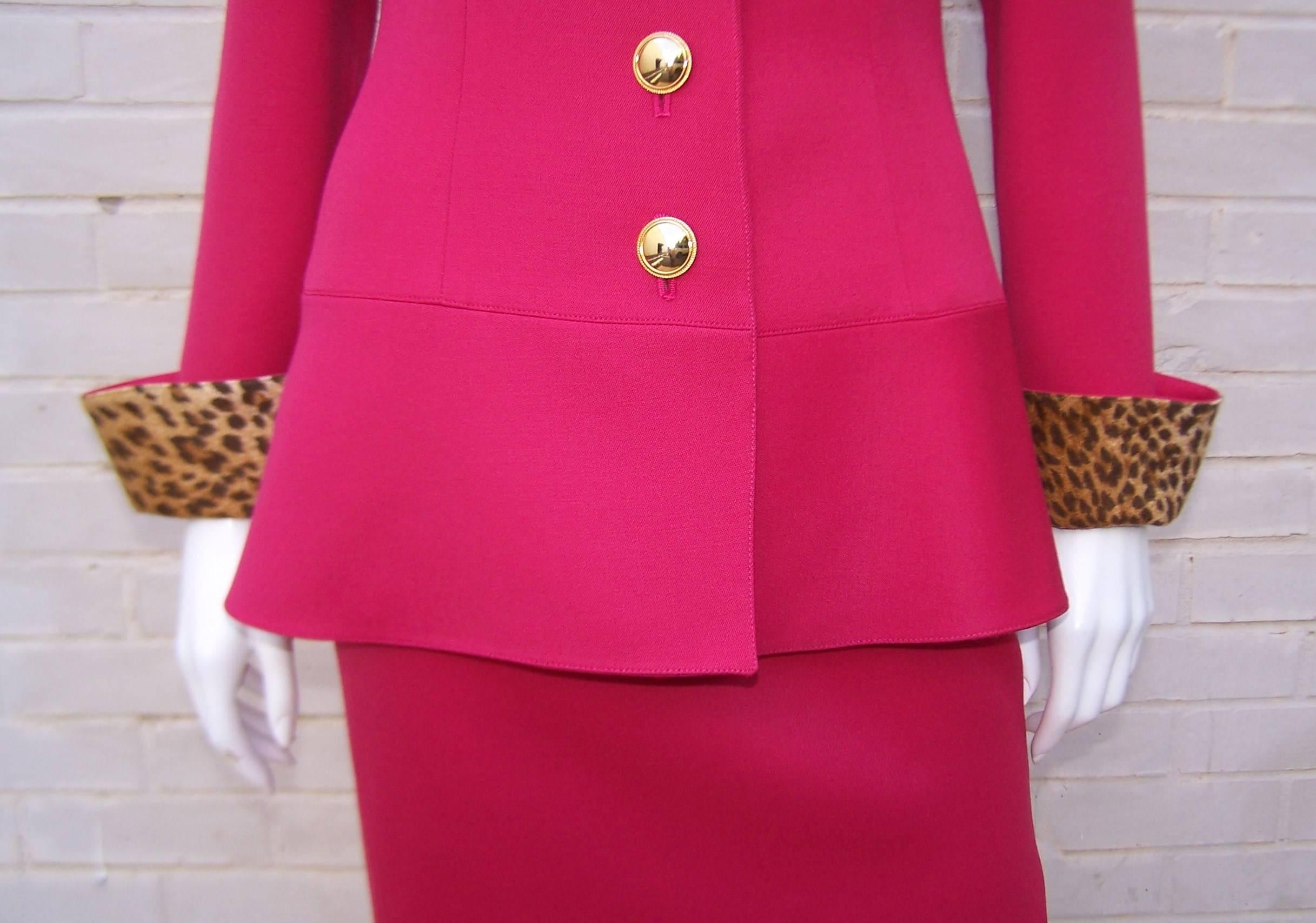 C.1990 Raspberry Red Valentino Dress Suit With Cheetah Print Vents & Cuffs 3