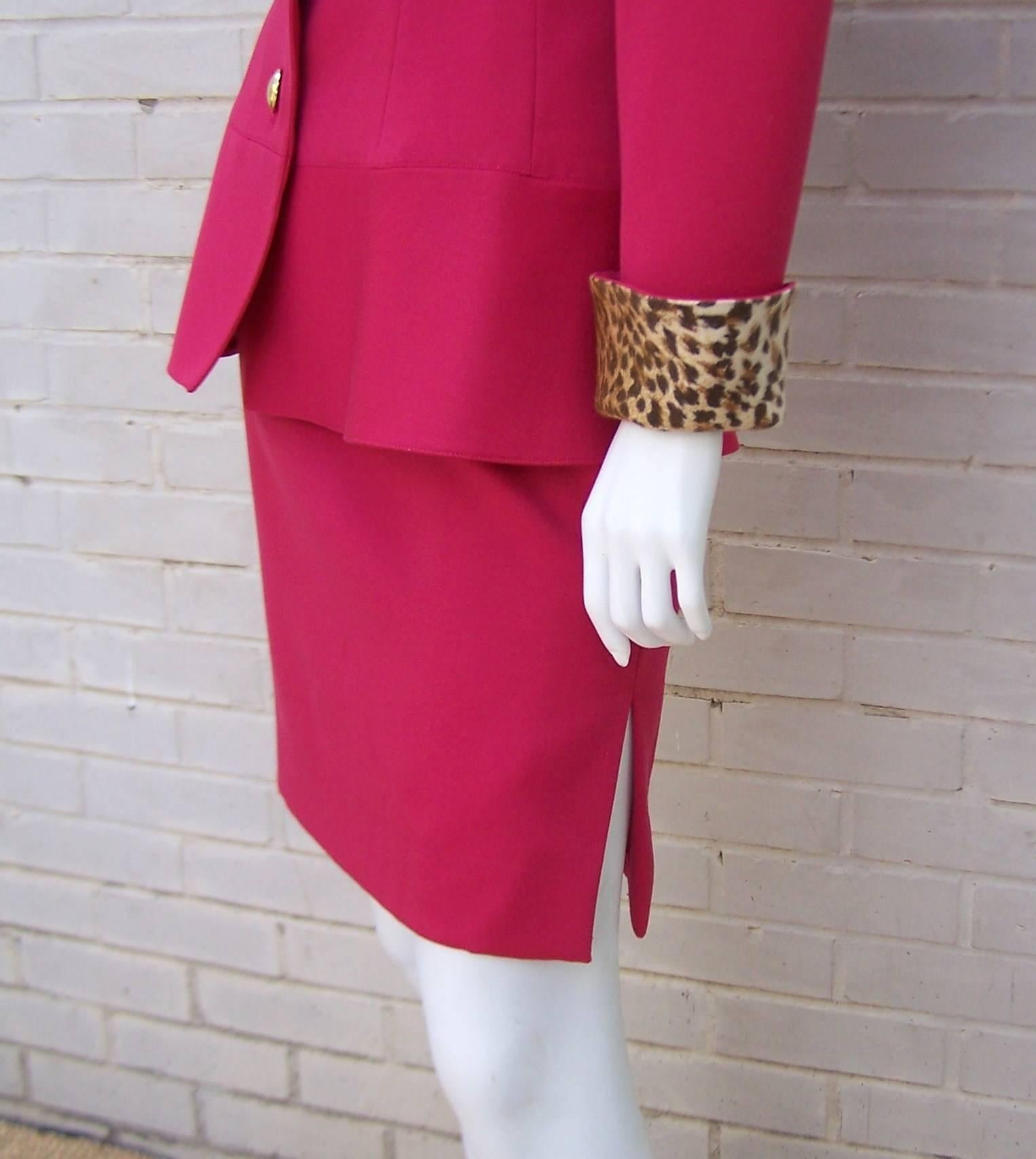 C.1990 Raspberry Red Valentino Dress Suit With Cheetah Print Vents & Cuffs 4