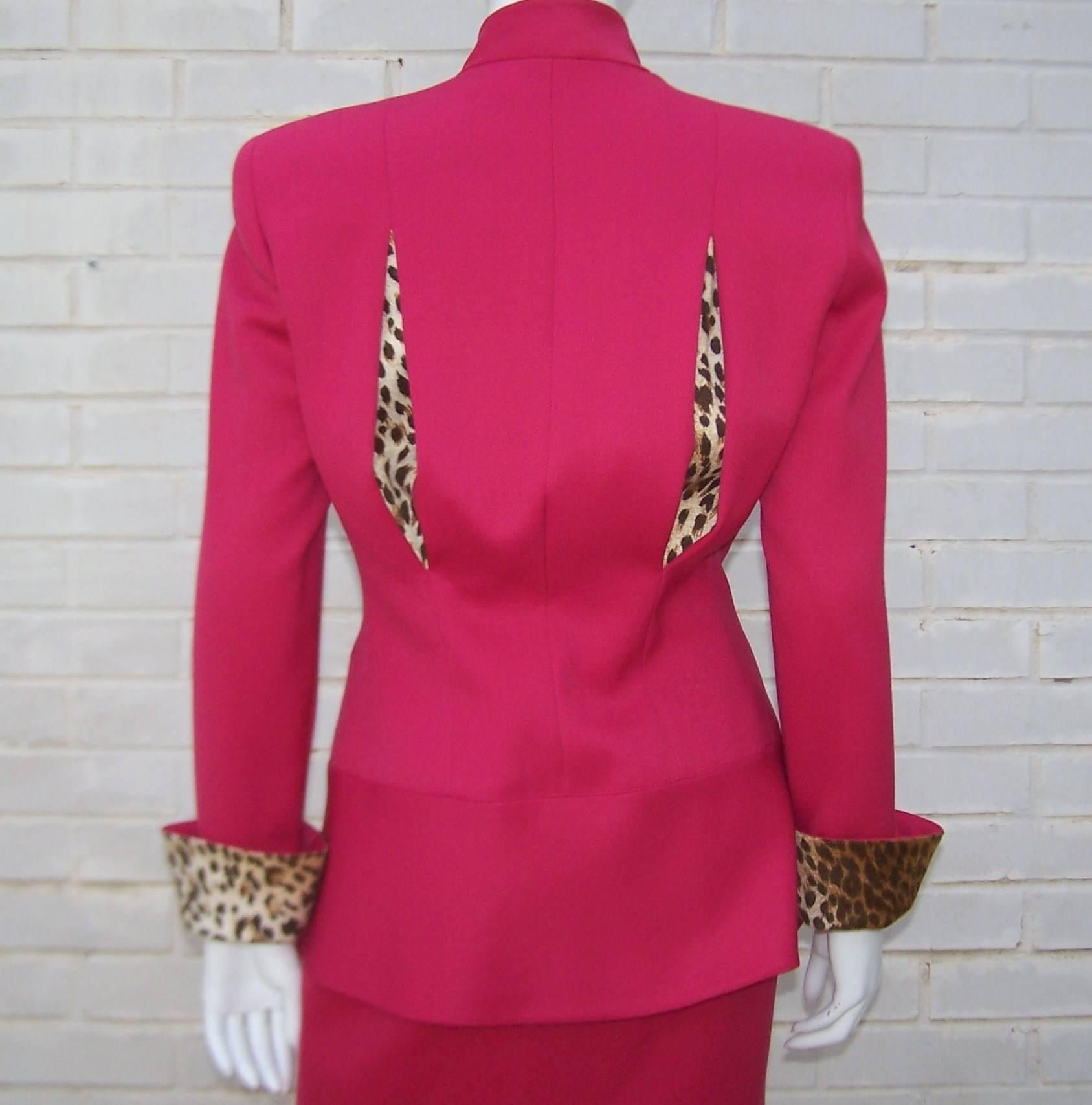 C.1990 Raspberry Red Valentino Dress Suit With Cheetah Print Vents & Cuffs 5